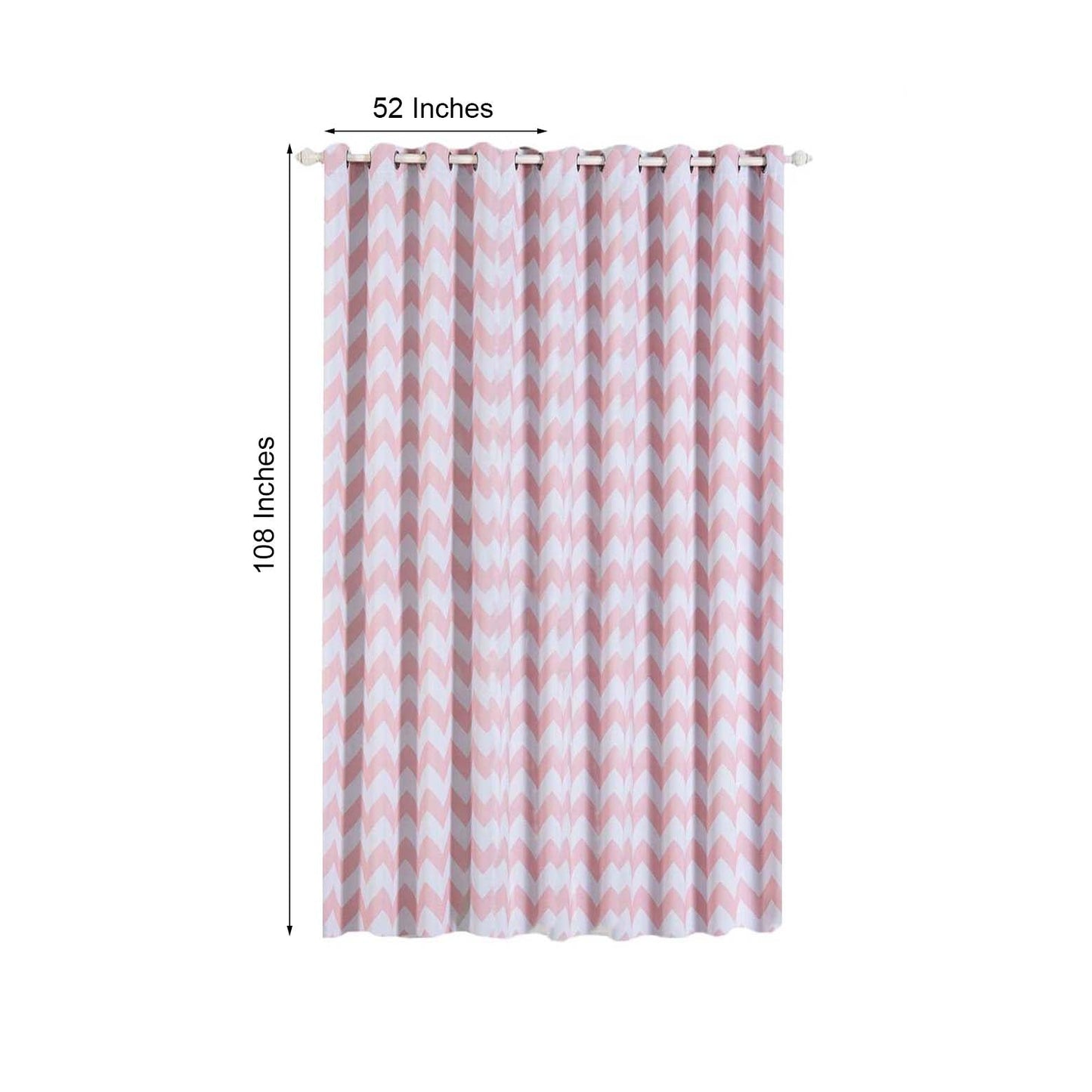 White blush chevron design thermal blackout curtains with chrome grommets.