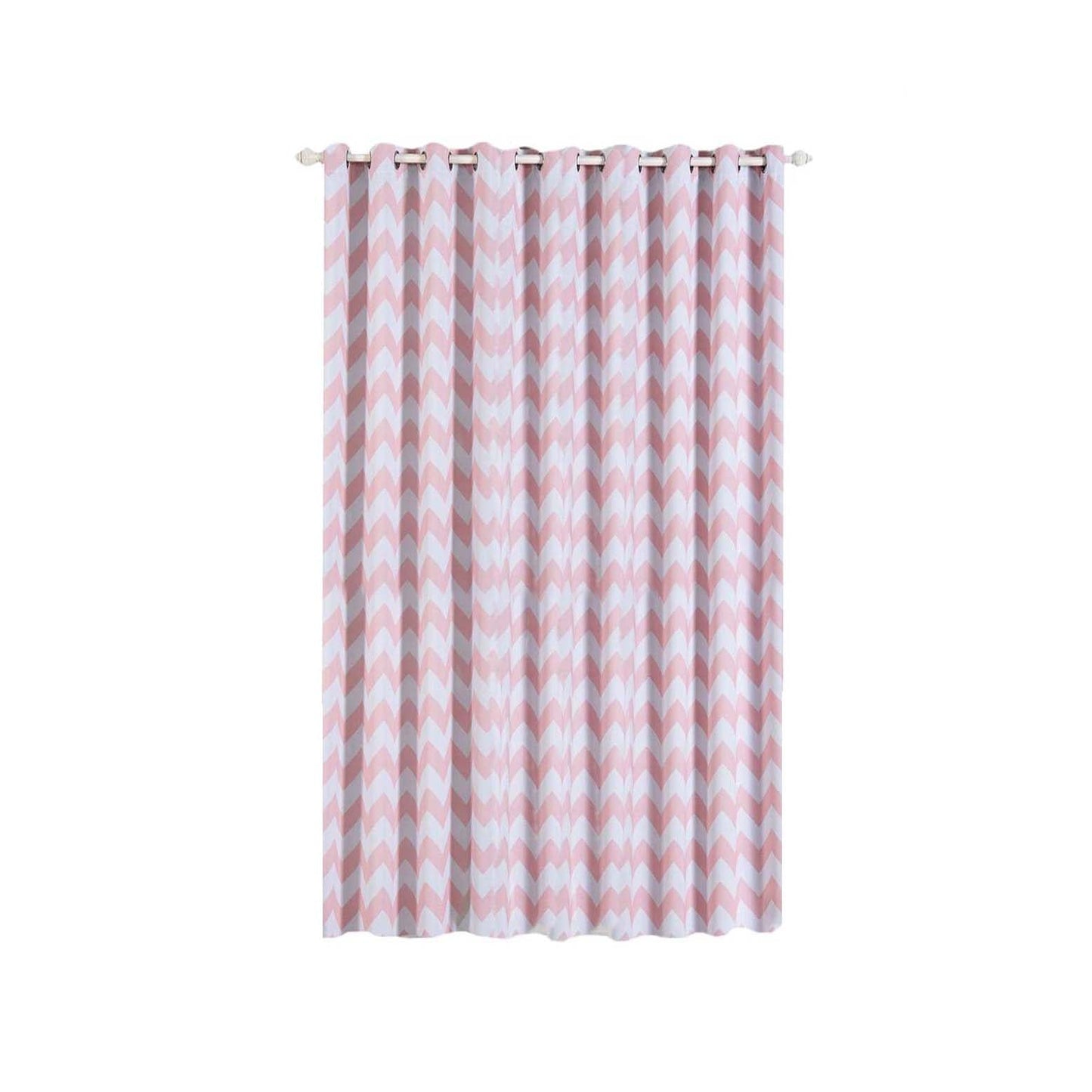 White blush chevron thermal blackout curtains with chrome grommets.