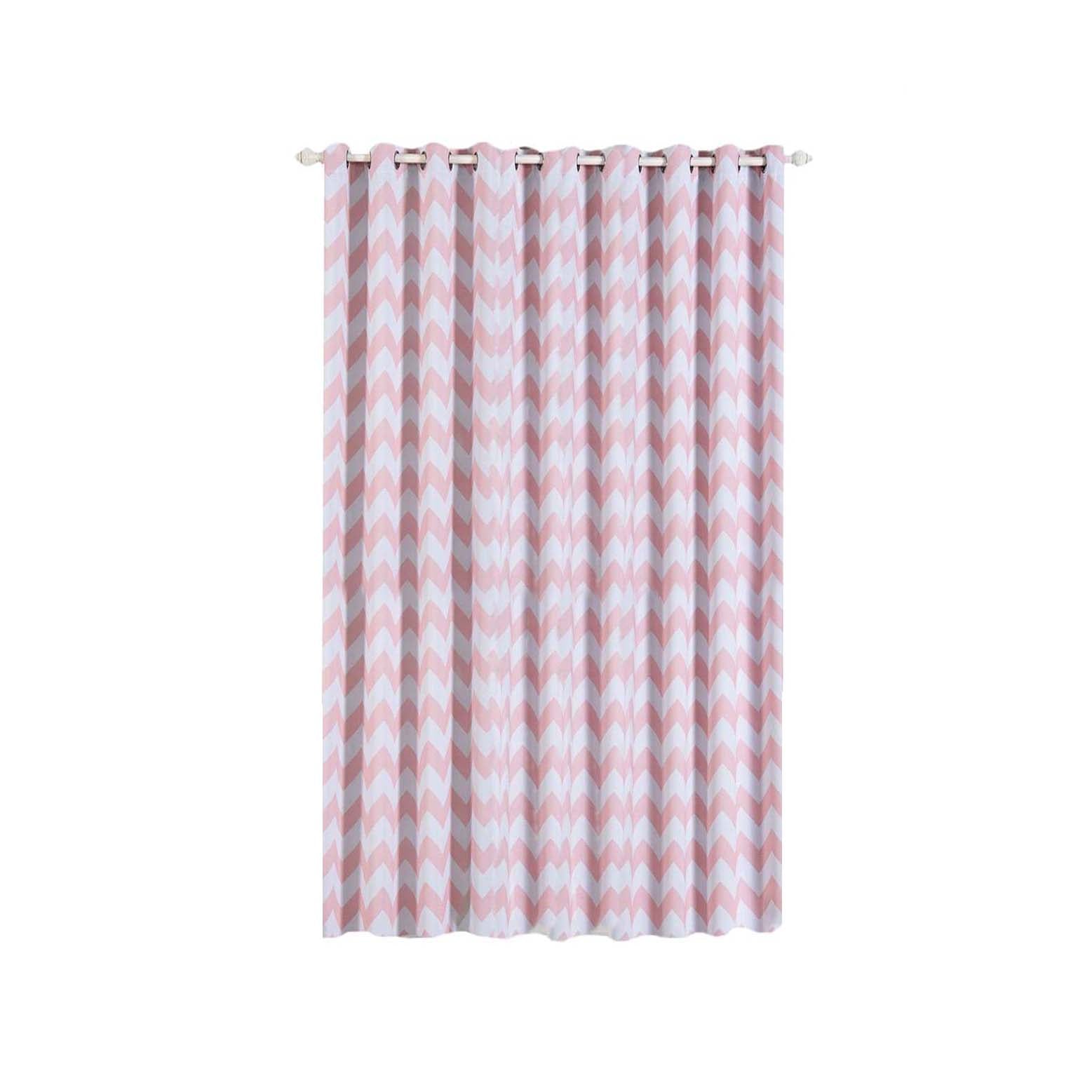 White blush chevron thermal blackout curtains with chrome grommets.