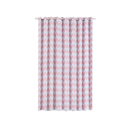 White blush chevron thermal blackout curtains with chrome grommets.