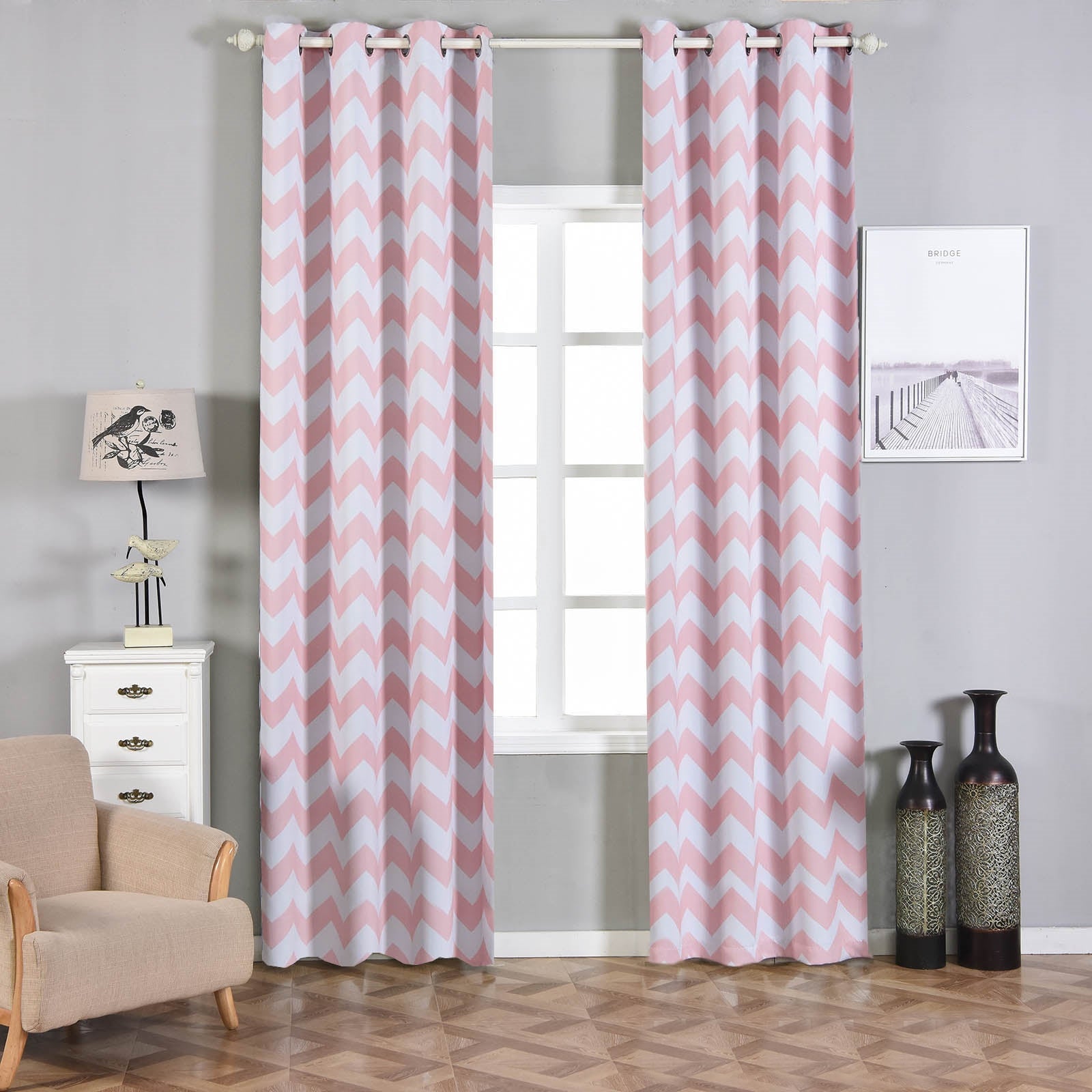 White blush chevron design thermal blackout curtains with chrome grommets.