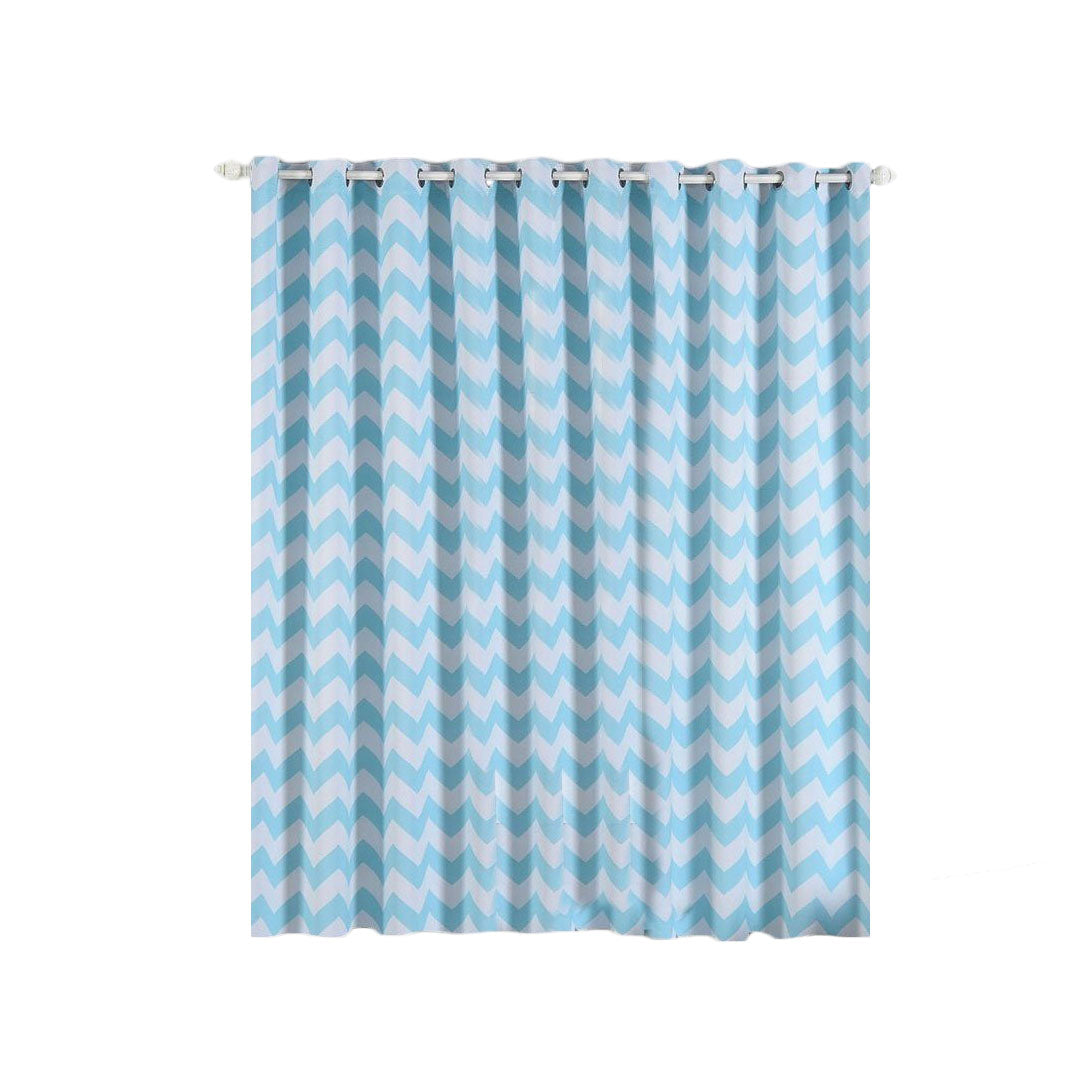 Chrome Grommet Thermal Blackout White & Baby Blue Chevron Design Curtains 52 Inch x 84 Inch