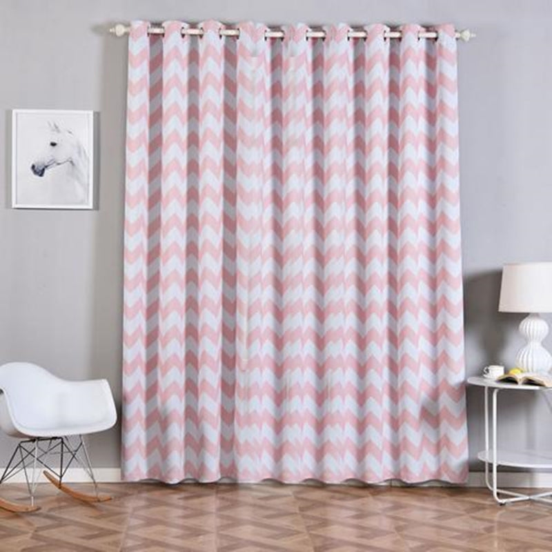 White blush chevron print blackout curtains with grommets.