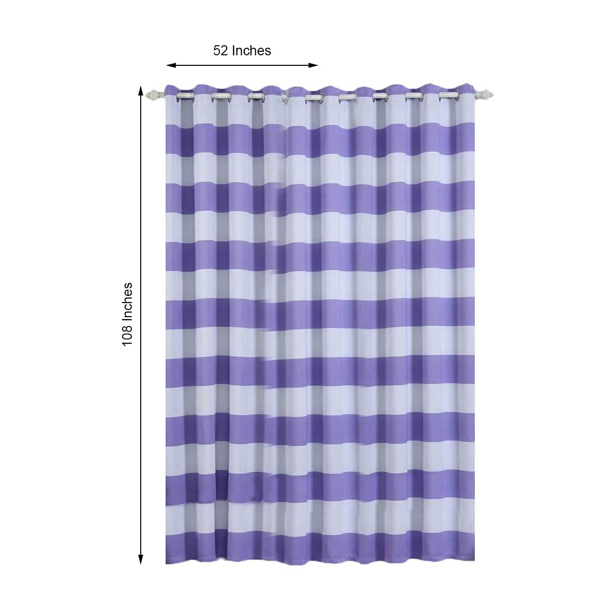 White and lavender striped thermal blackout curtains with chrome grommets.