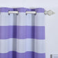 White and lavender striped thermal blackout curtains with chrome grommets.