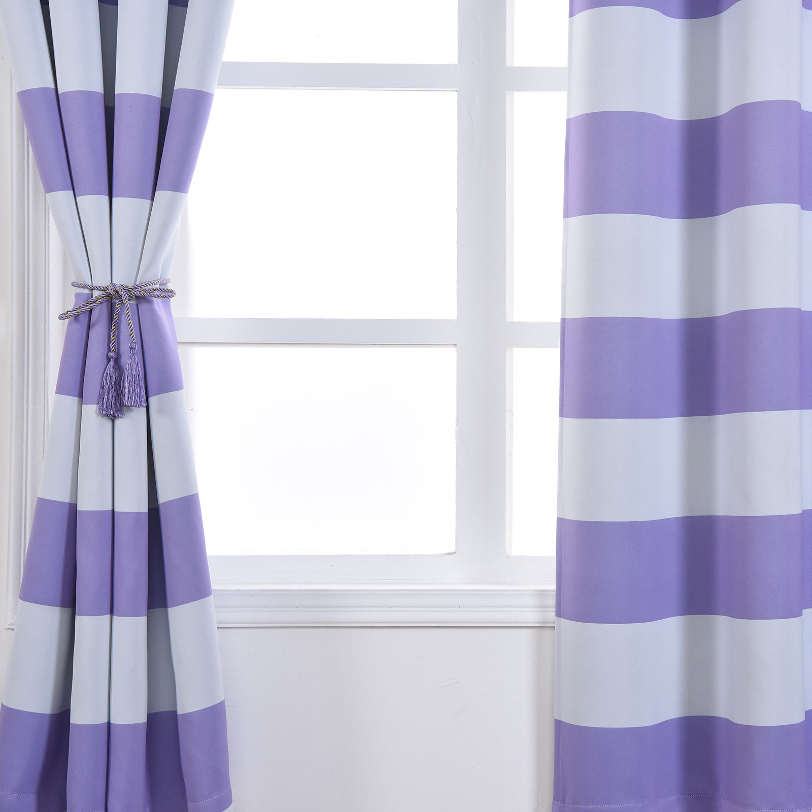 White and lavender lilac striped thermal blackout curtains with grommets.