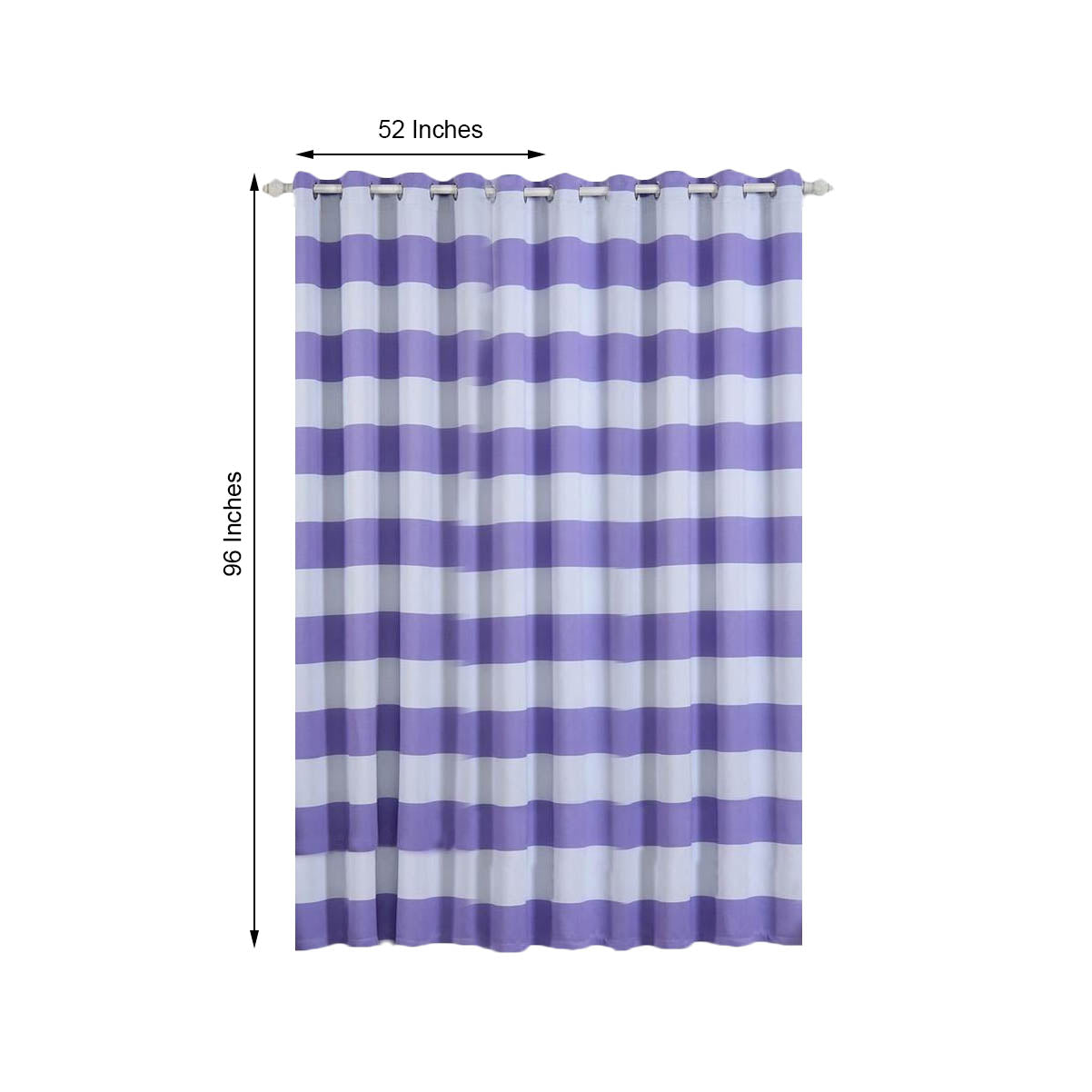 White and lavender lilac striped blackout curtains with chrome grommets.