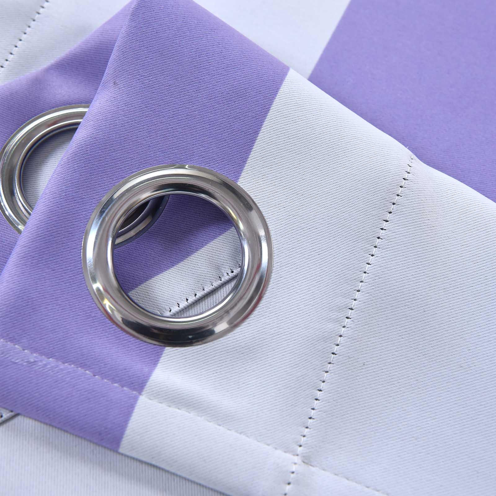White and lavender lilac striped thermal blackout curtains with chrome grommets.