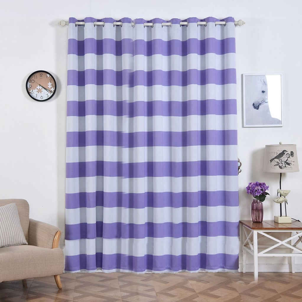 White and lavender lilac striped thermal blackout curtains with grommets.