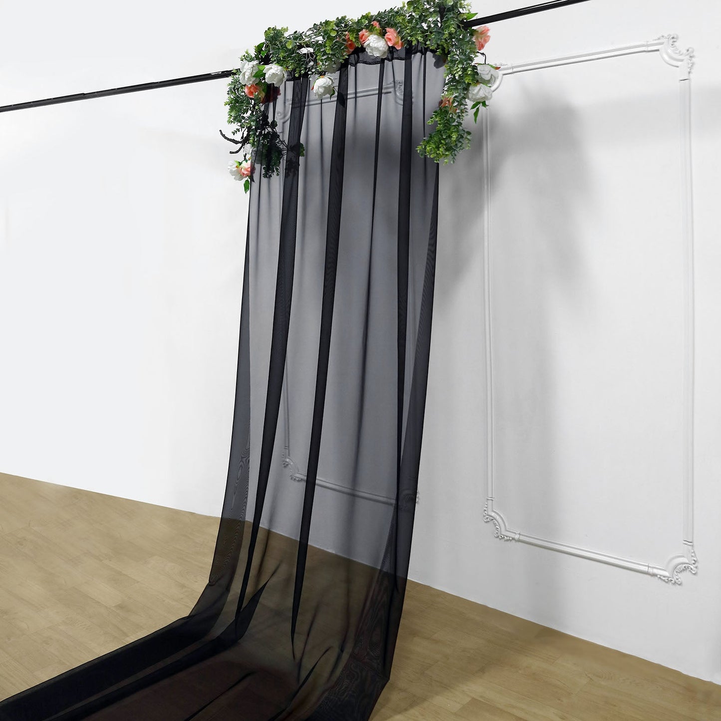 5 Feet x 14 Feet Chiffon Curtain Panel Black Durable Flame Resistant Backdrop Ceiling Drapery With Rod Pocket