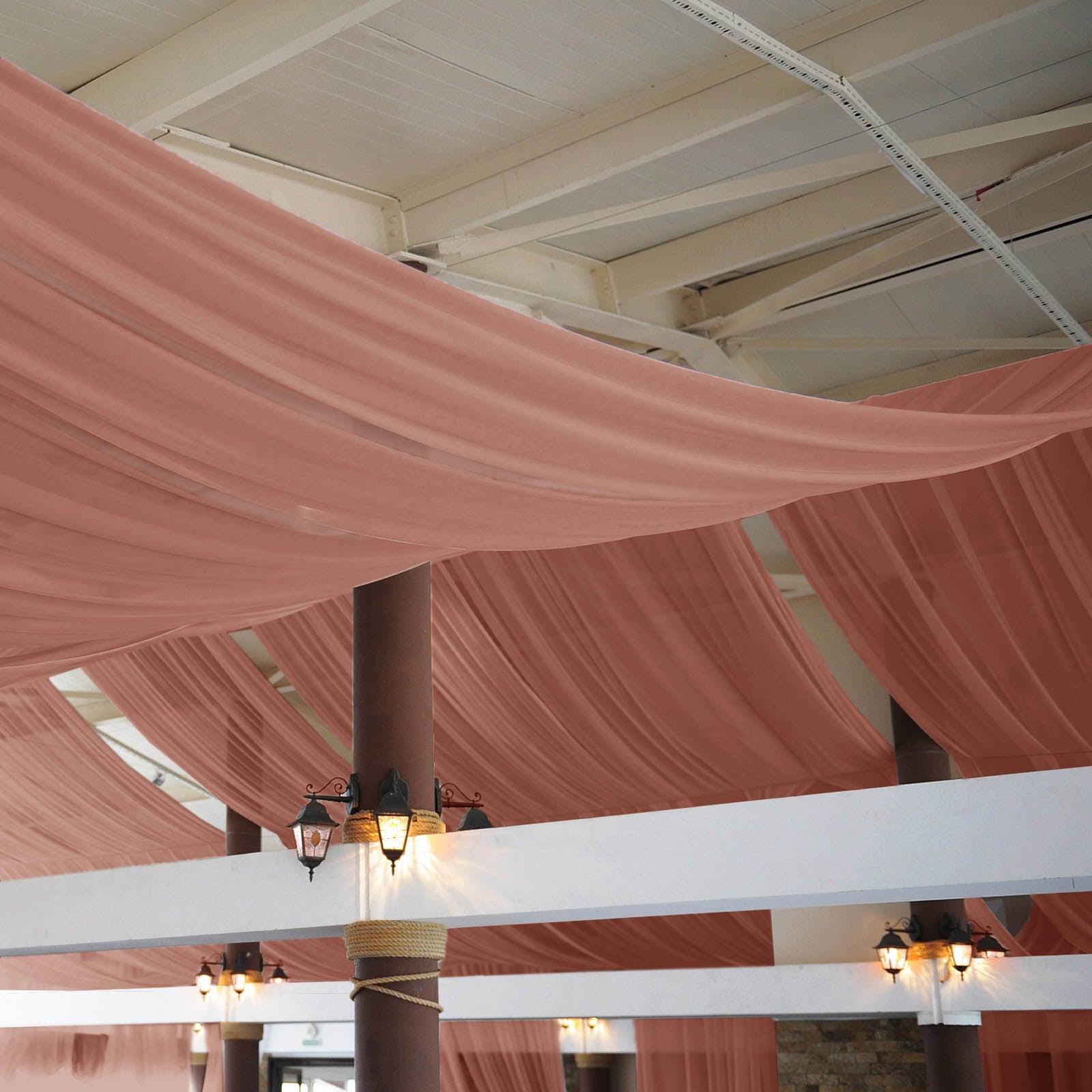 Terracotta chiffon curtain panel drapery for ceiling decor.