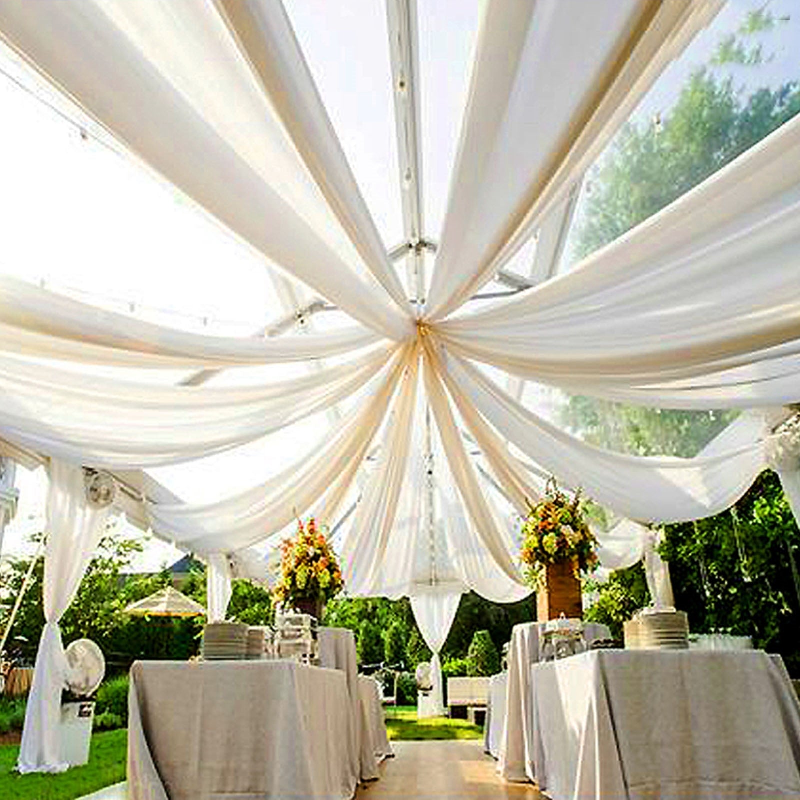 White Durable Flame Resistant Sheer Organza Ceiling Drape Curtain Panels 10 Feet x 40 Feet