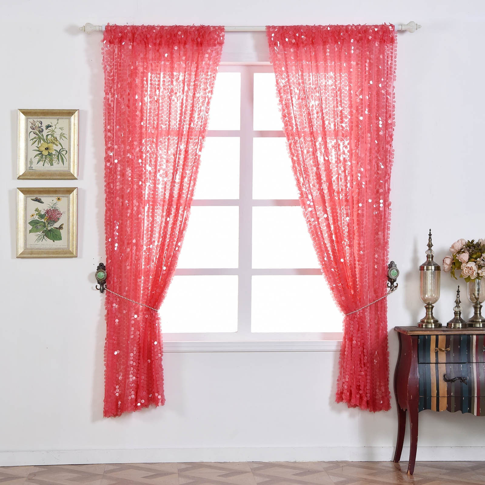 Coral sequin curtains with rod pocket, 52"x64" window treatment panels.