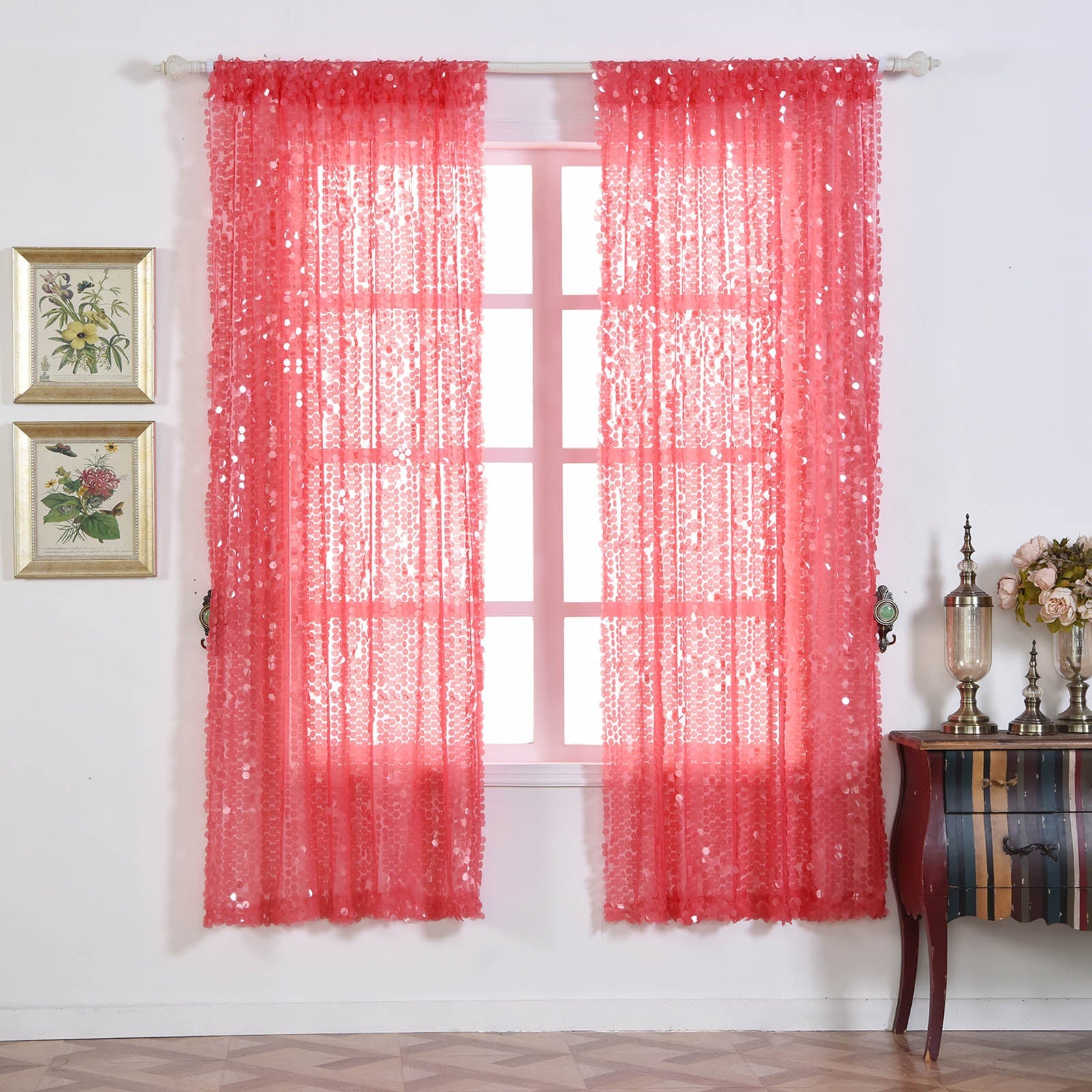 Coral sequin curtains with rod pocket window treatment panels.