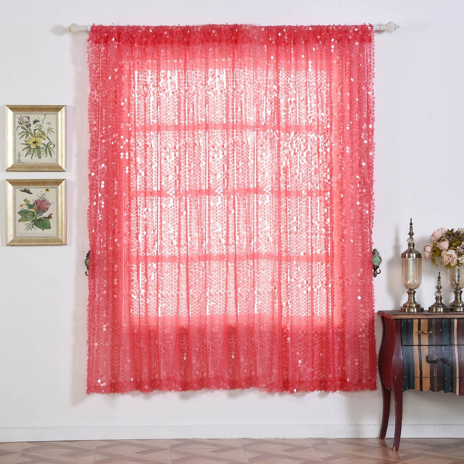 Coral sequin curtains with rod pocket, 52"x84", window treatment panels.
