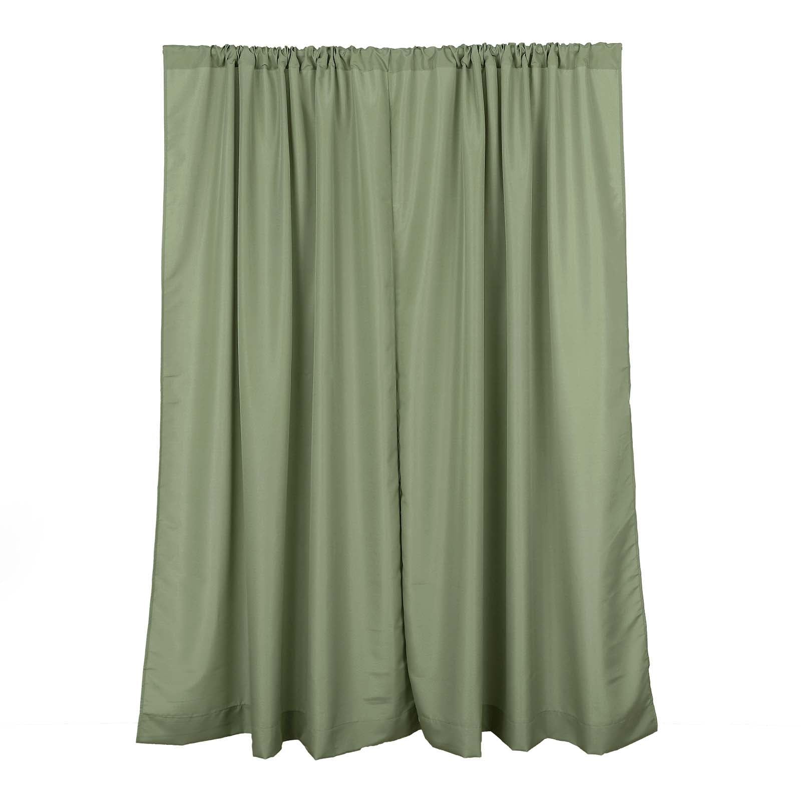 Dusty sage green polyester backdrop drape curtains with rod pockets.
