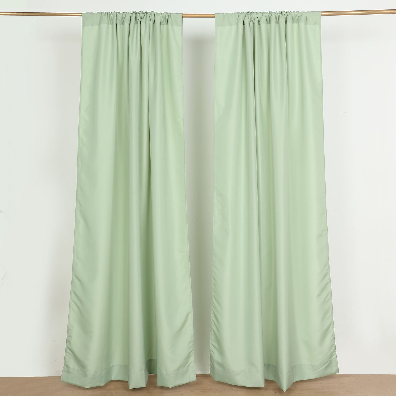 Sage green backdrop drape curtains with rod pockets, event divider panels.