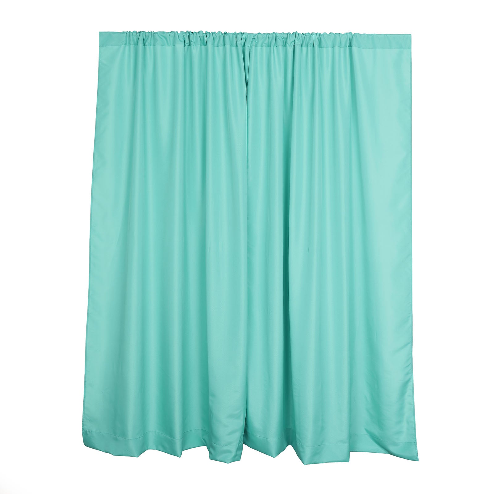 Turquoise polyester backdrop drape curtains with rod pockets.