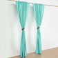 Turquoise polyester backdrop drape curtains on a wooden rod.