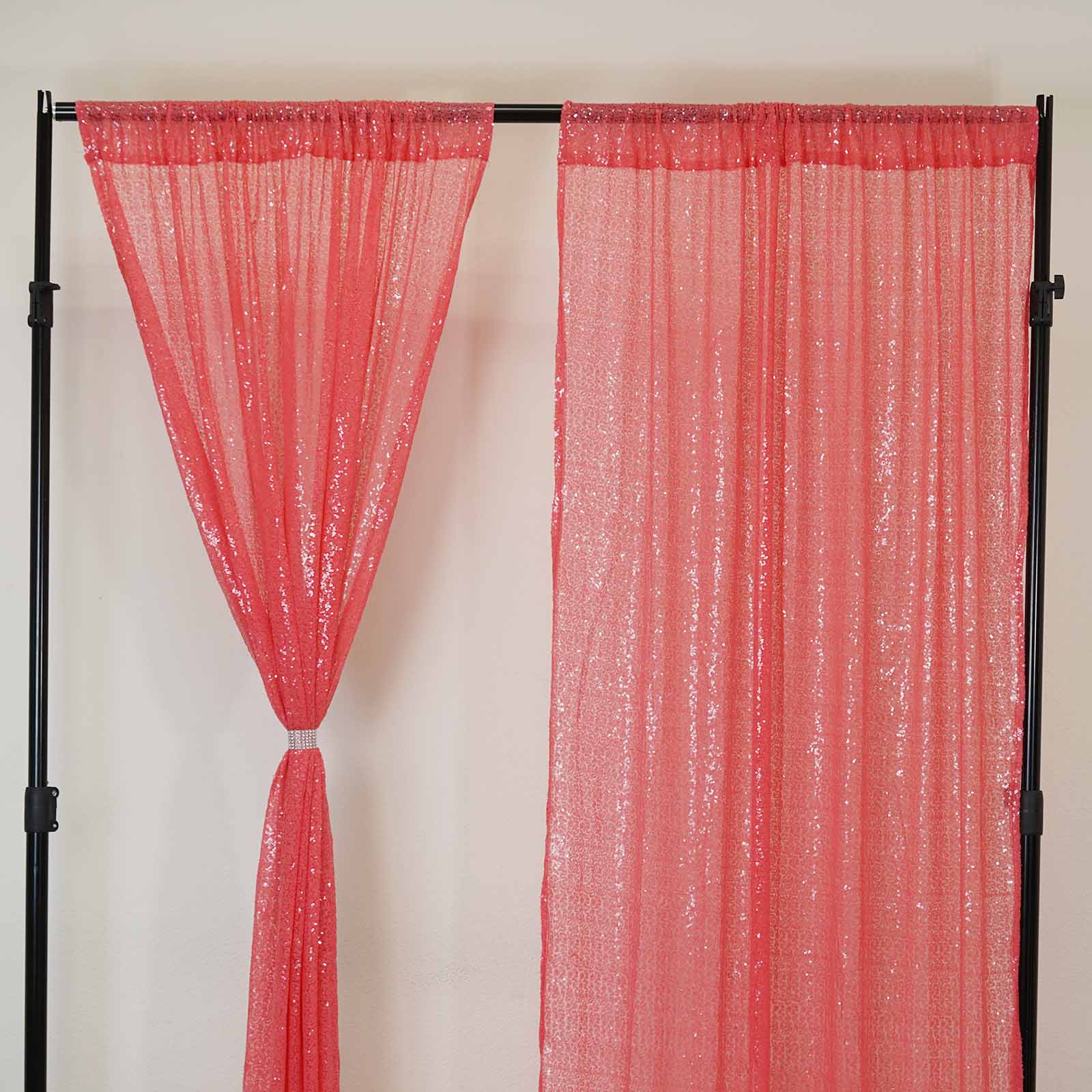 Coral sequin curtains with rod pocket window treatment panels.