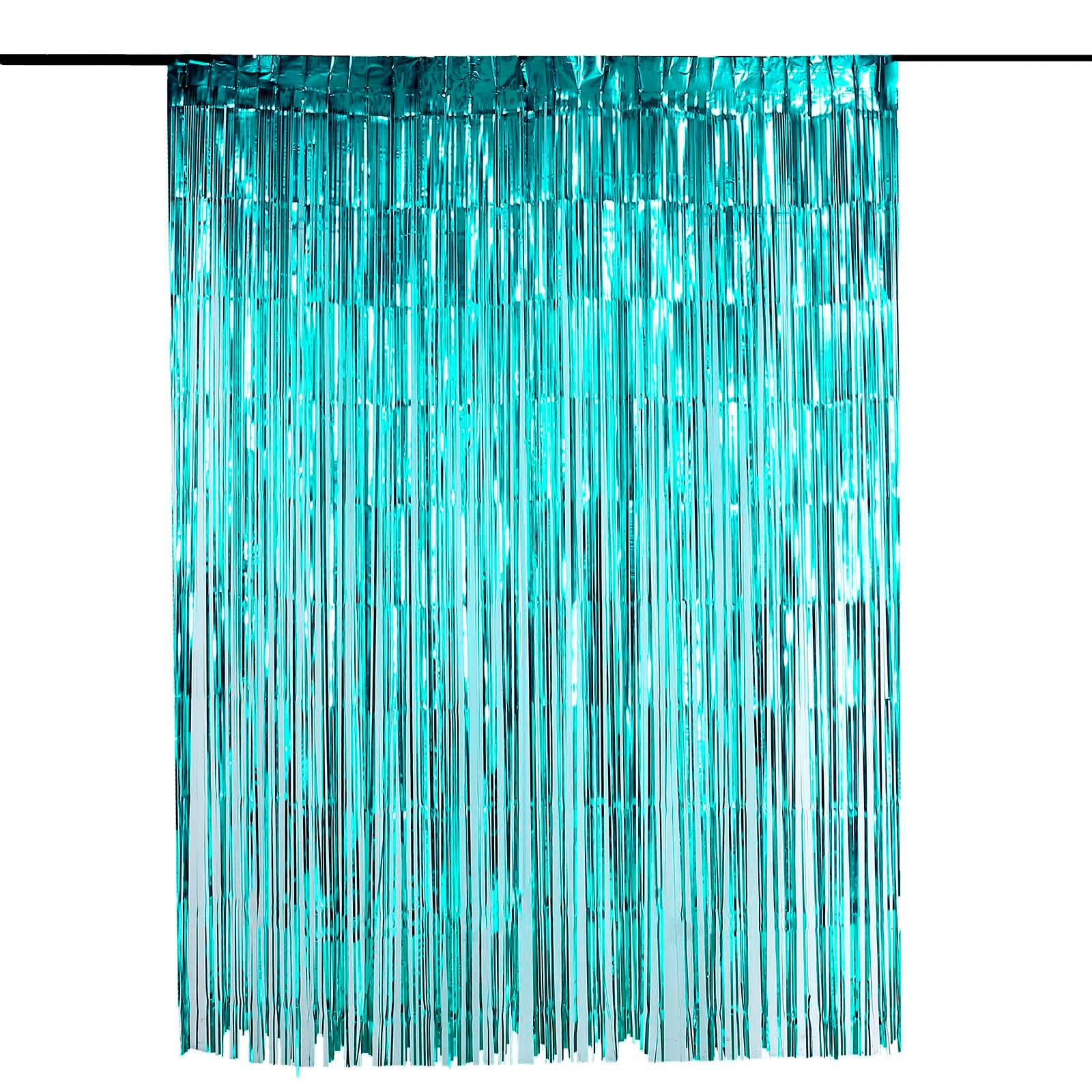 8 Feet Turquoise Curtain In Metallic Tinsel Foil Fringe