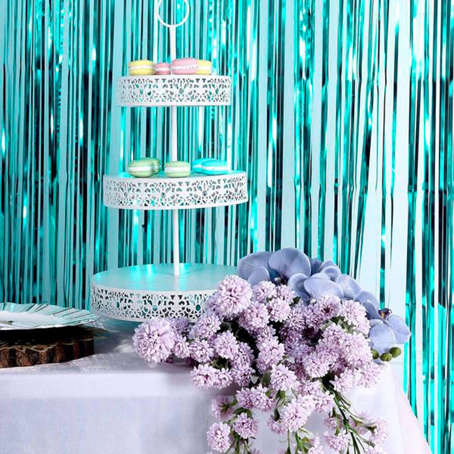 Party Curtain Backdrop In Turquoise Metallic Tinsel Foil Fringe 8 Feet