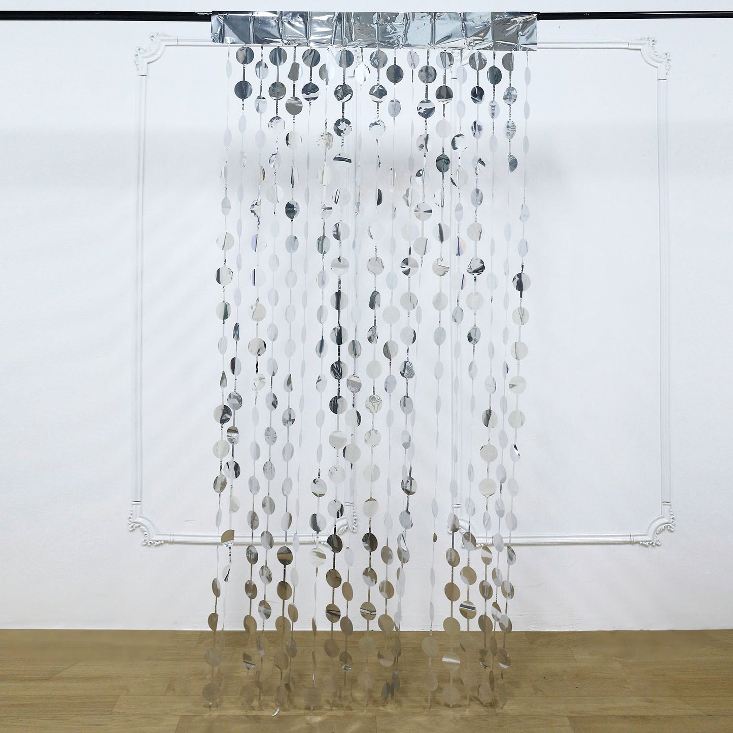Silver foil fringe curtain backdrop for party decor, 3ft x 6.5ft.