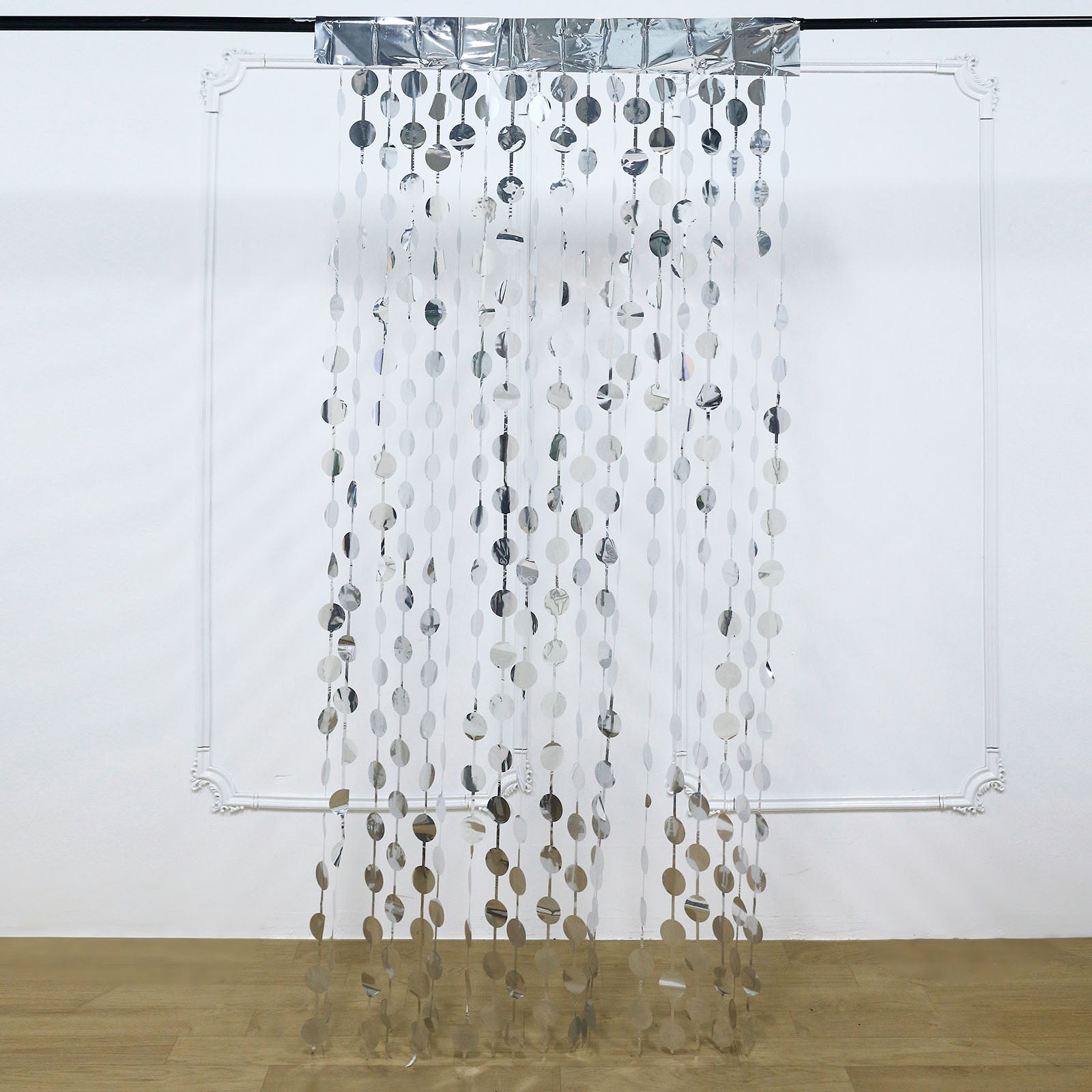 Silver foil fringe curtain backdrop for party decor, 3ft x 6.5ft.