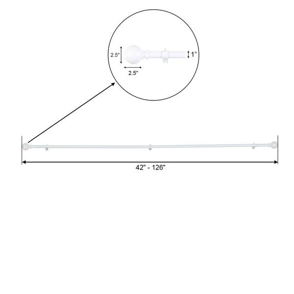 42-126inch Adjustable Curtain Rod Set, White, Round Finials