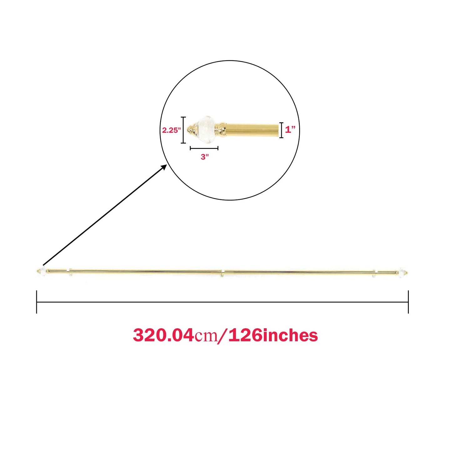 42-126inch Adjustable Metal Curtain Rod Set, Gold, Acrylic Designer Finials