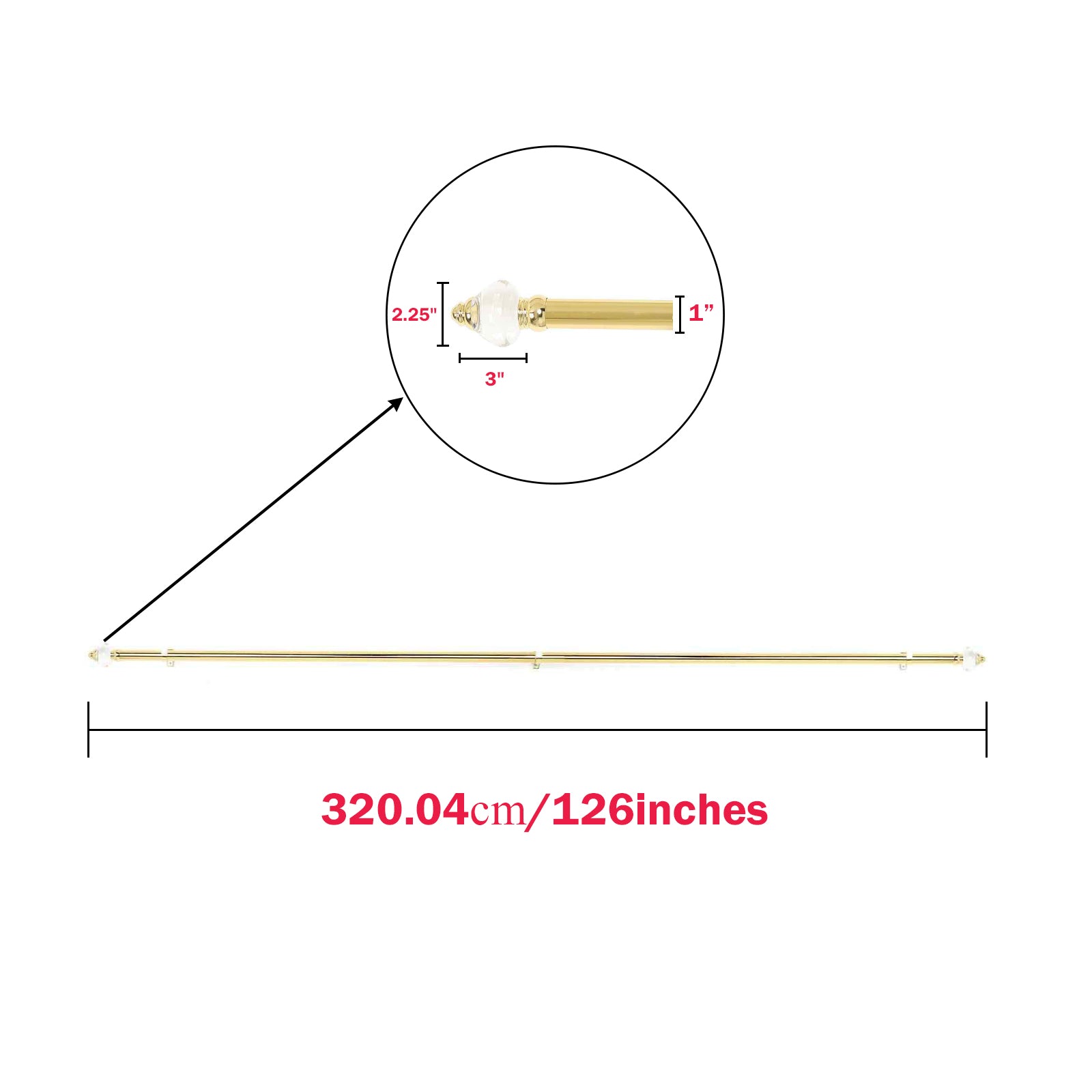 42-126inch Adjustable Metal Curtain Rod Set, Gold, Acrylic Designer Finials