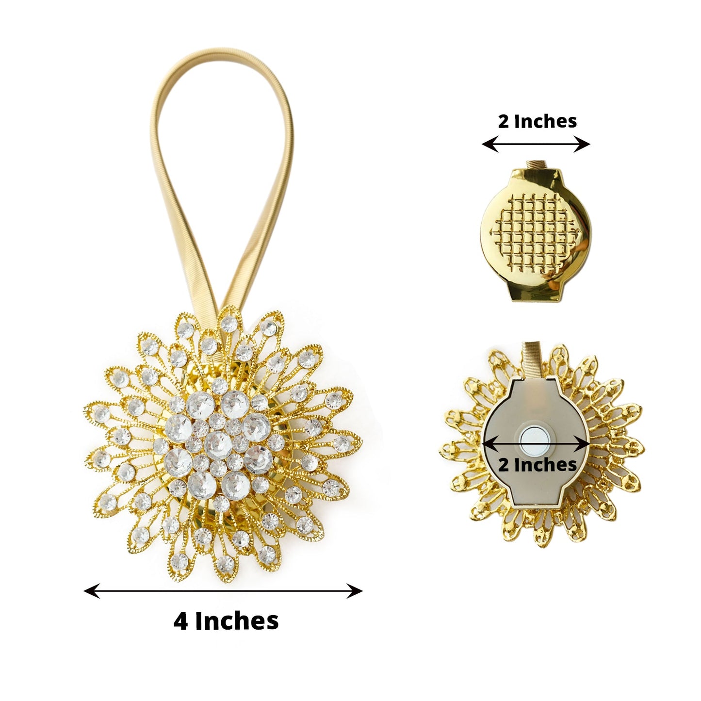 4 Inch Gold Crystal Flower Magnetic Curtain Tie Backs Pack of 2
