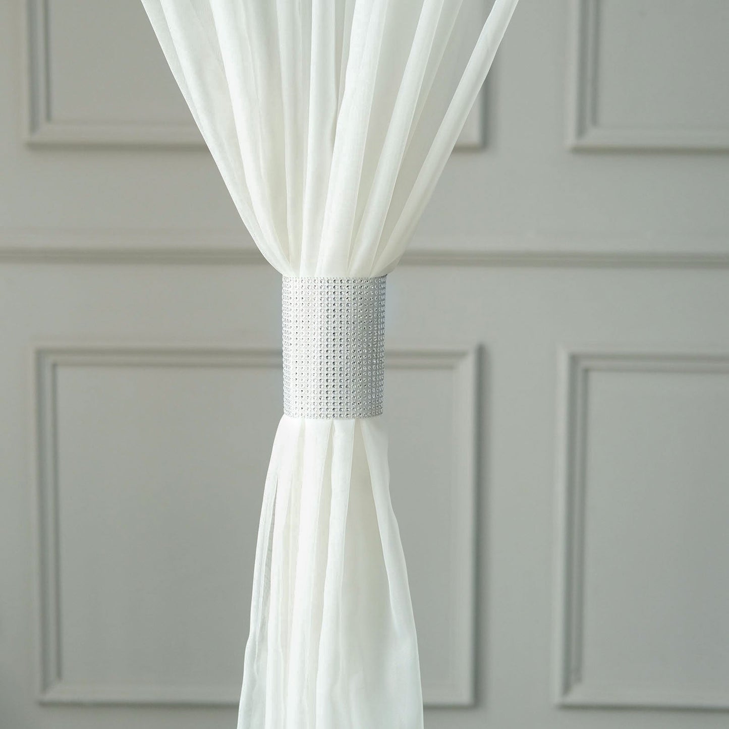 4 Pack | Silver Large Rhinestone Mesh Velcro Chair Sash Clips, Backdrop Curtain Bands - 5"X10"