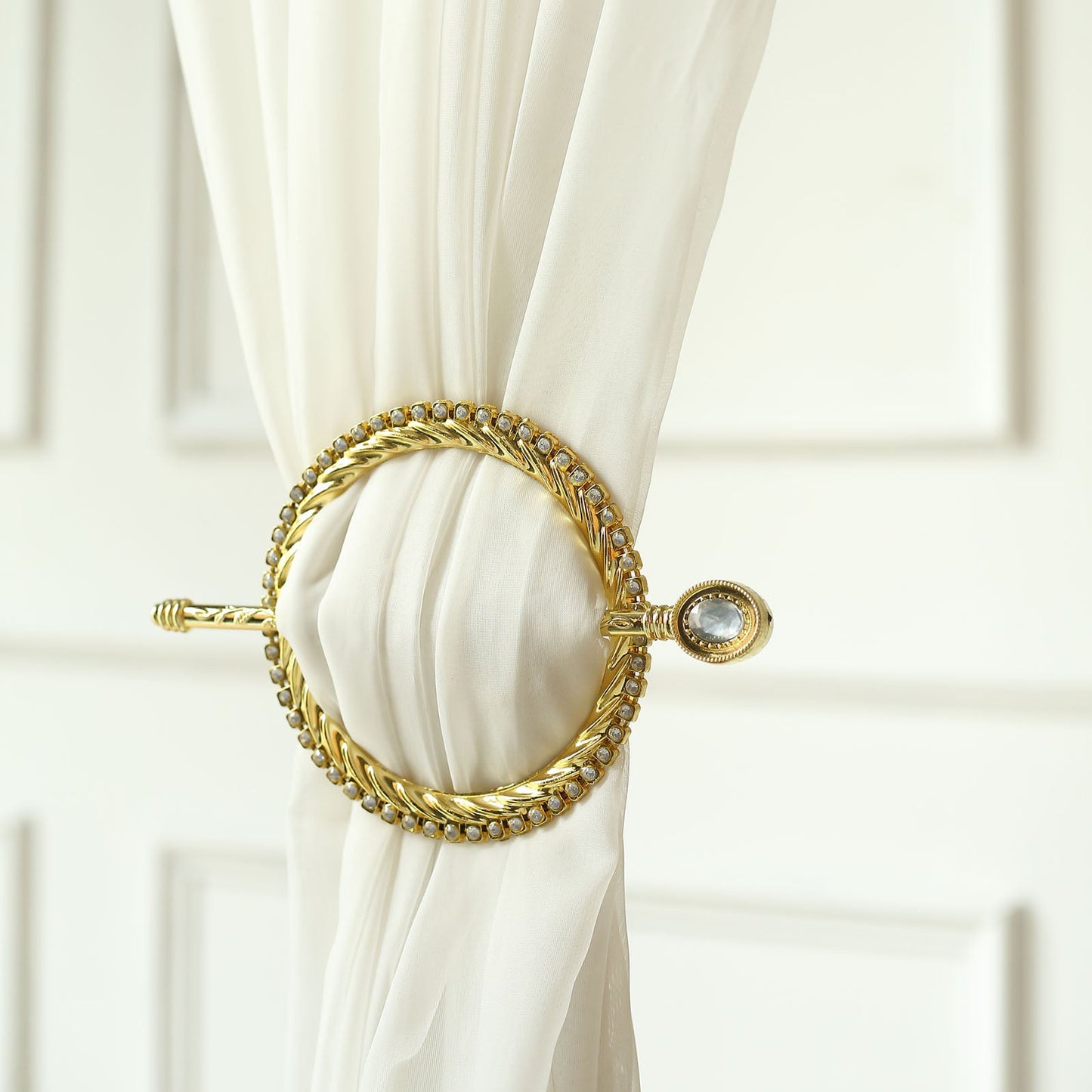 Set of 2 | 6" Gold Acrylic Braided Barrette Style Curtain Tie Backs With Crystal Diamond Studded Edge, Round Backdrop Drapery Brooch Holdbacks