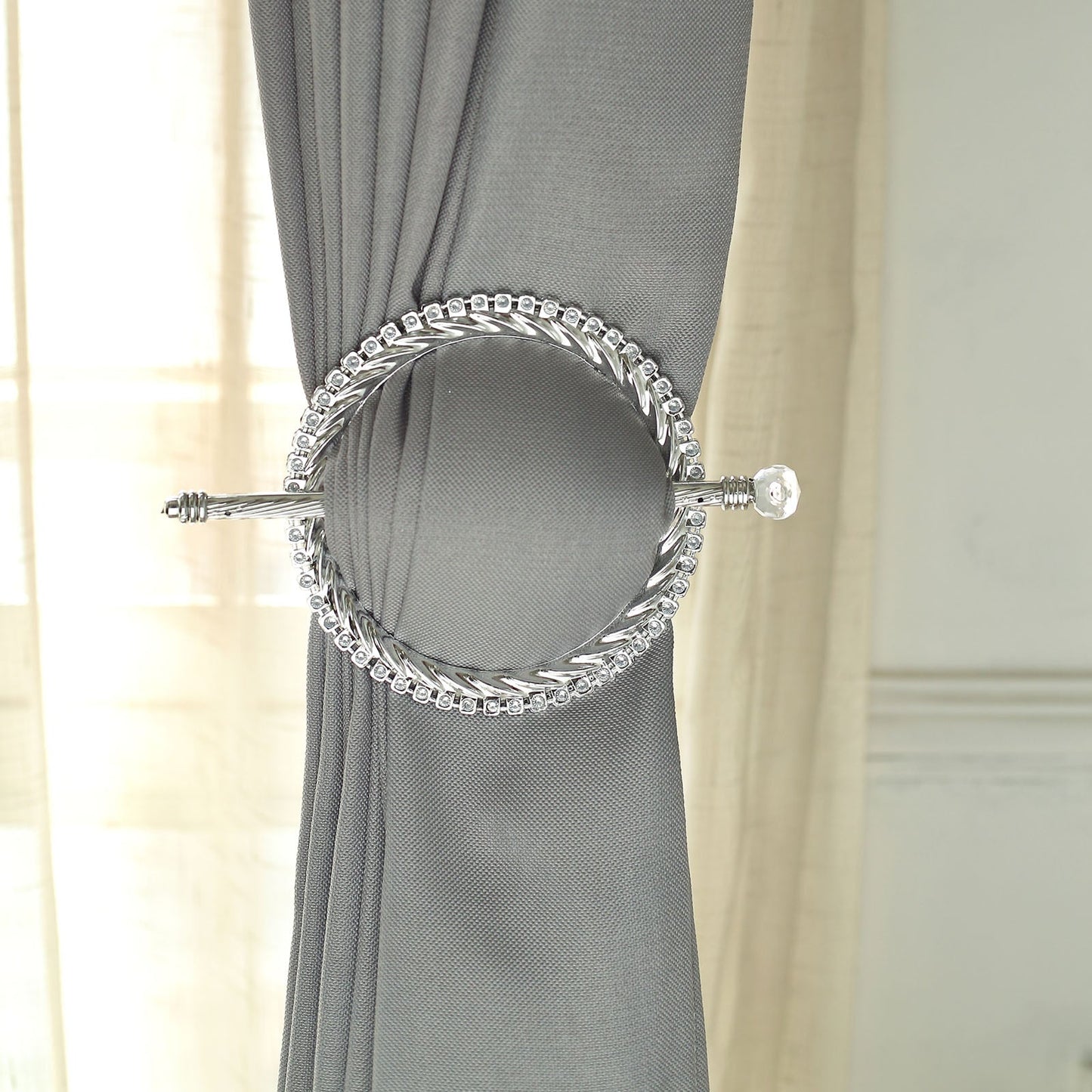 2 Pack | 6inch Silver Acrylic Braided Barrette Style Curtain Tie Backs With Crystal Diamond