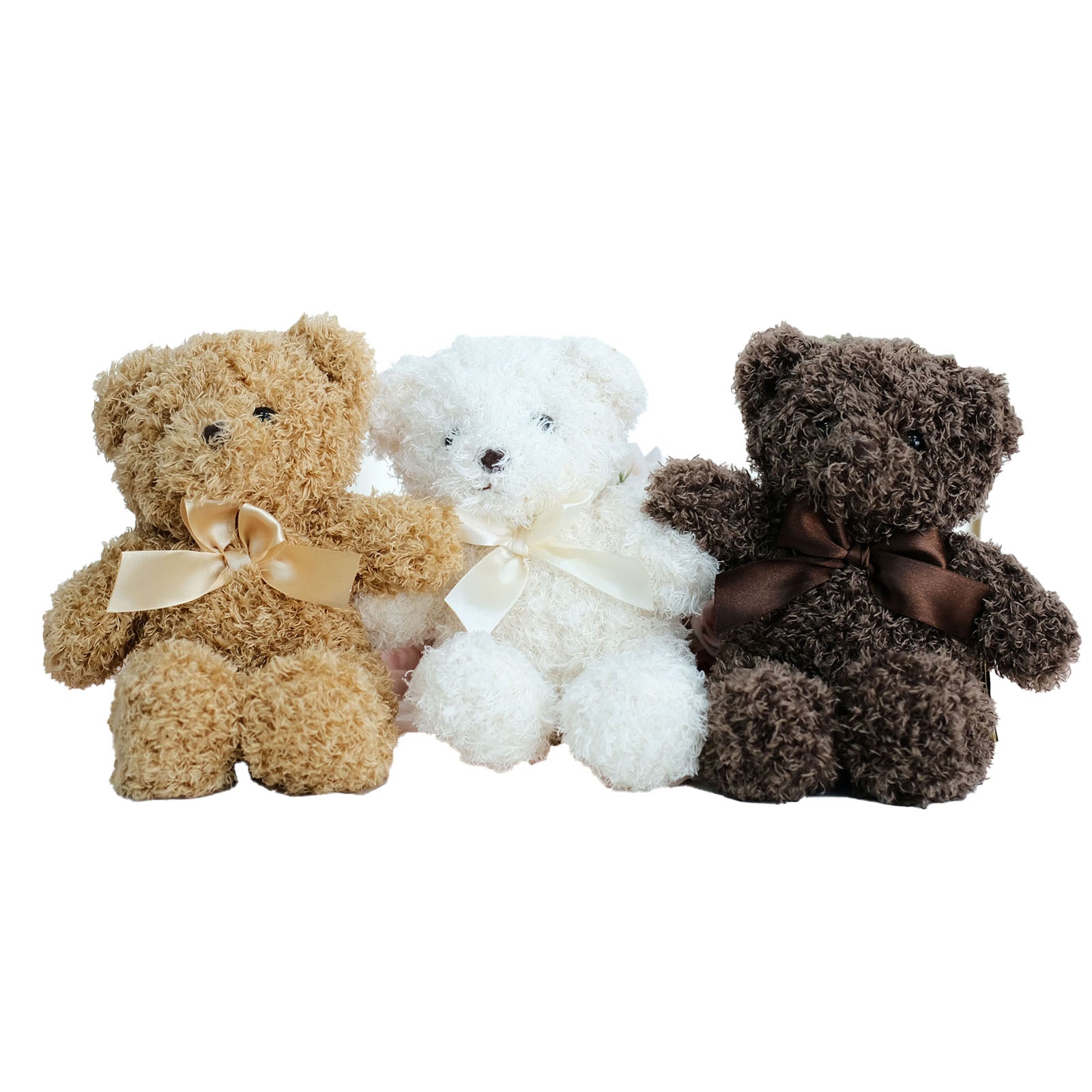 Set of 3 cute plush teddy bears: dark brown, ivory, natural colors.