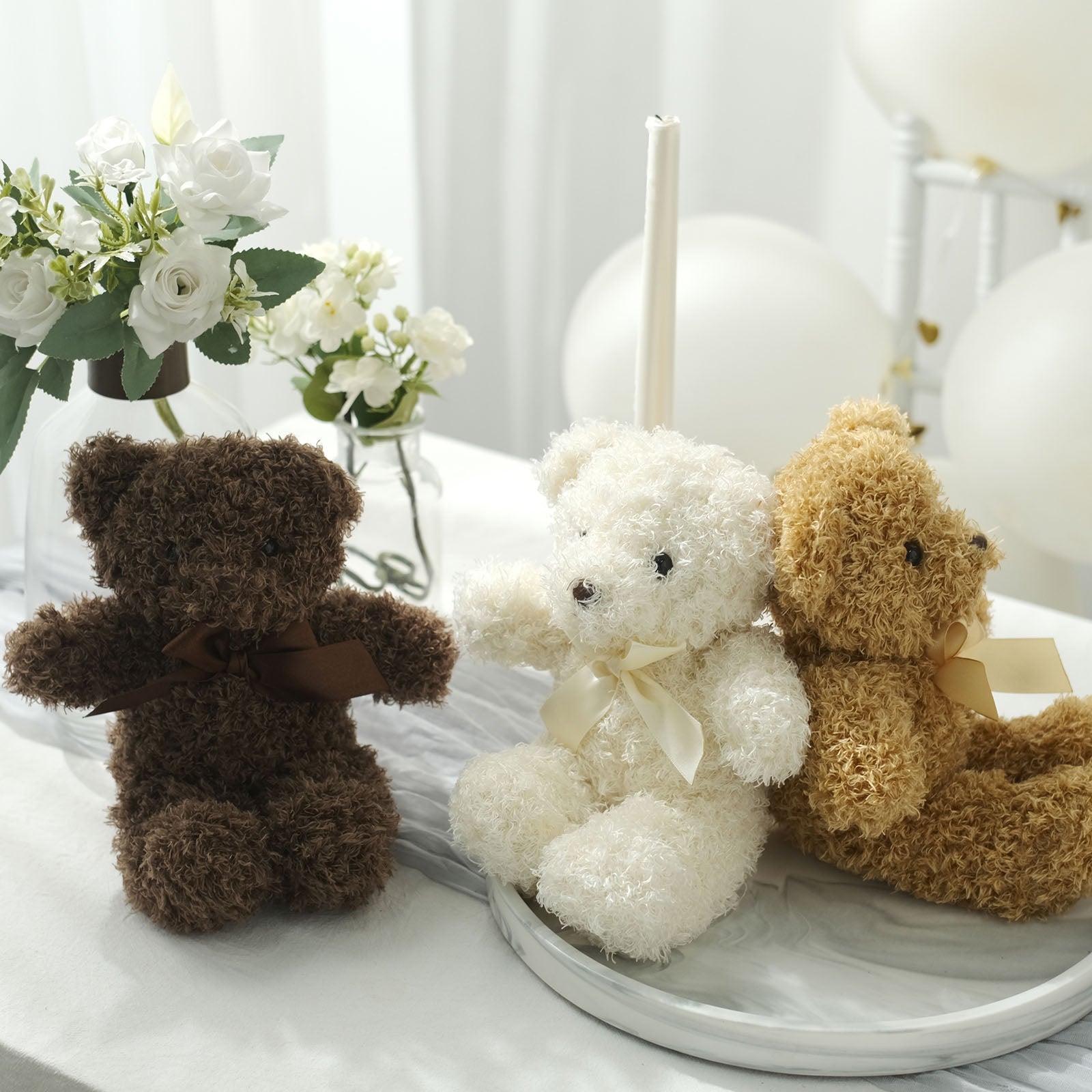 Set of 3 cute plush teddy bears in dark brown, ivory, and natural colors.