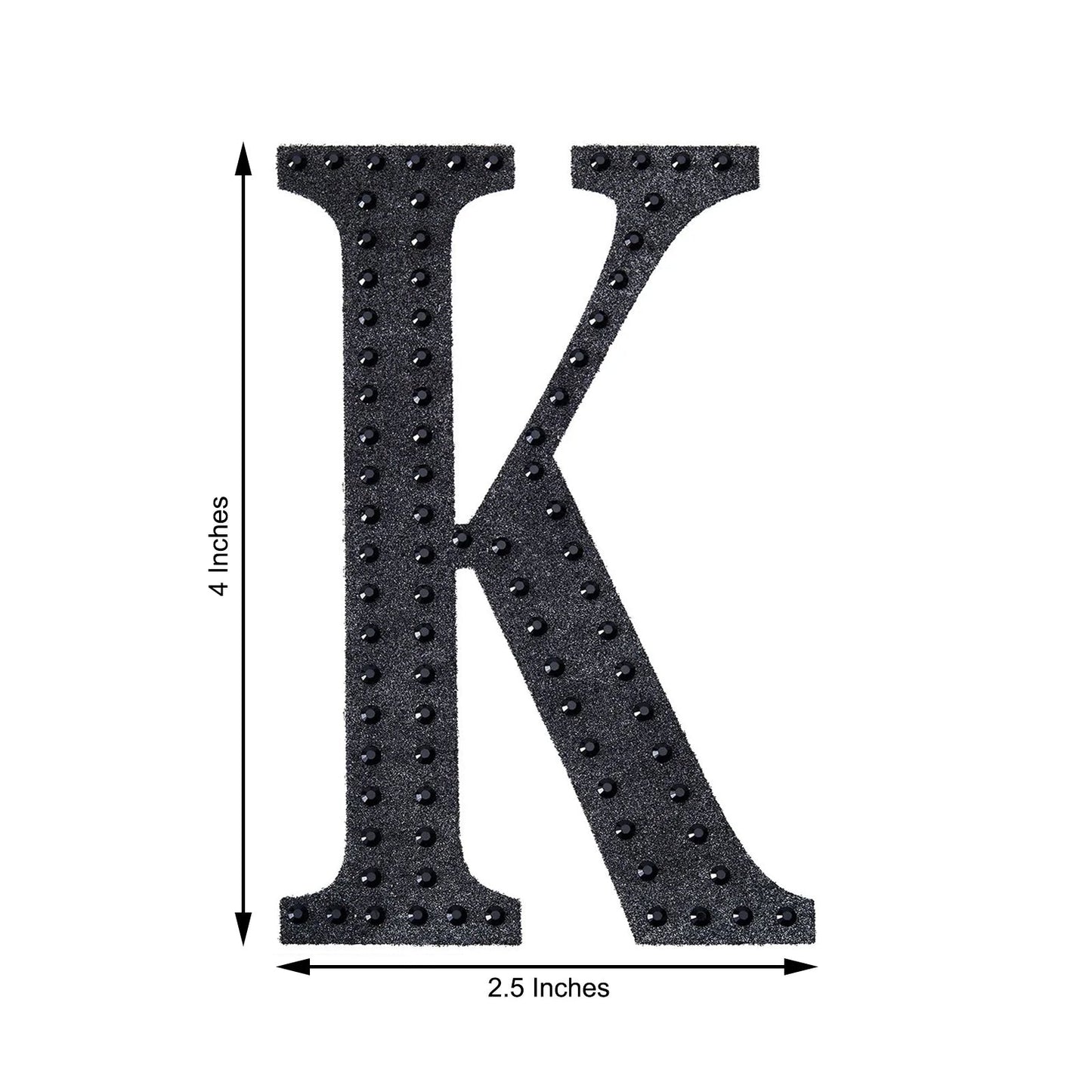 Black rhinestone letter "K" sticker for DIY crafts, 4 inches tall.