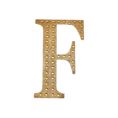 Gold decorative rhinestone letter sticker "F" for DIY crafts.