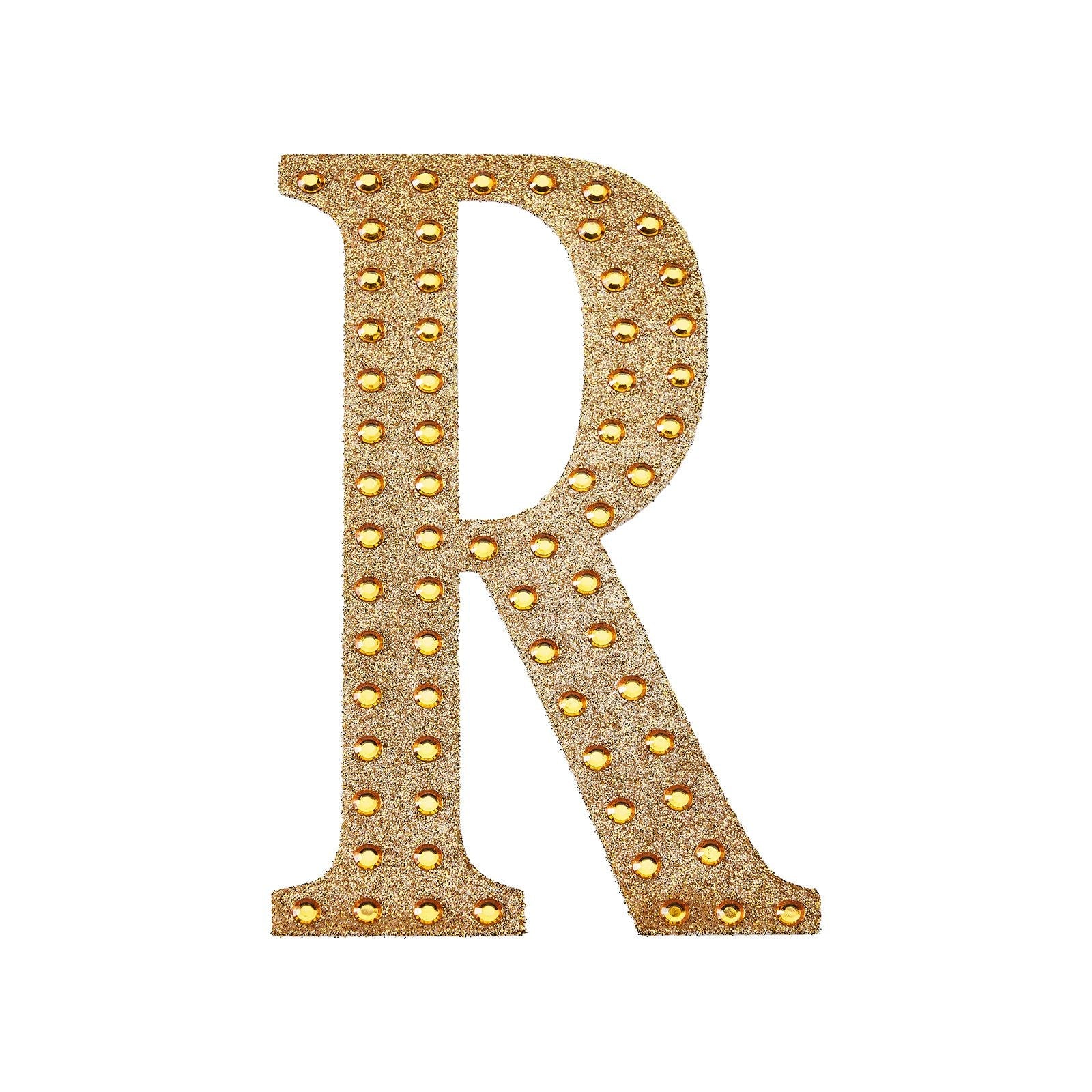 Gold decorative rhinestone letter "R" sticker for DIY crafts.