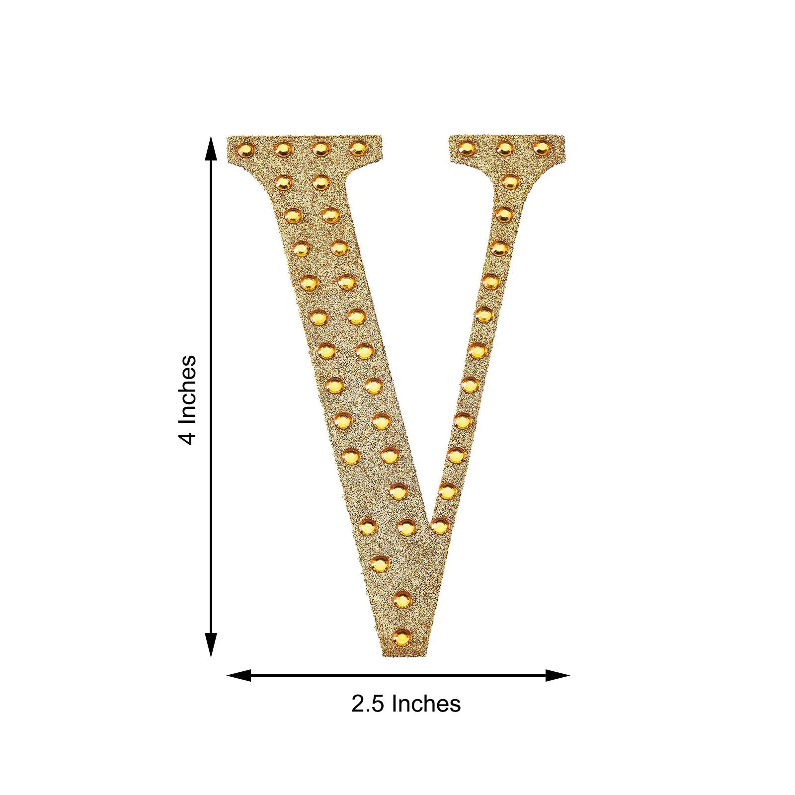 Gold rhinestone letter "V" sticker for DIY crafts, 4 inches tall.