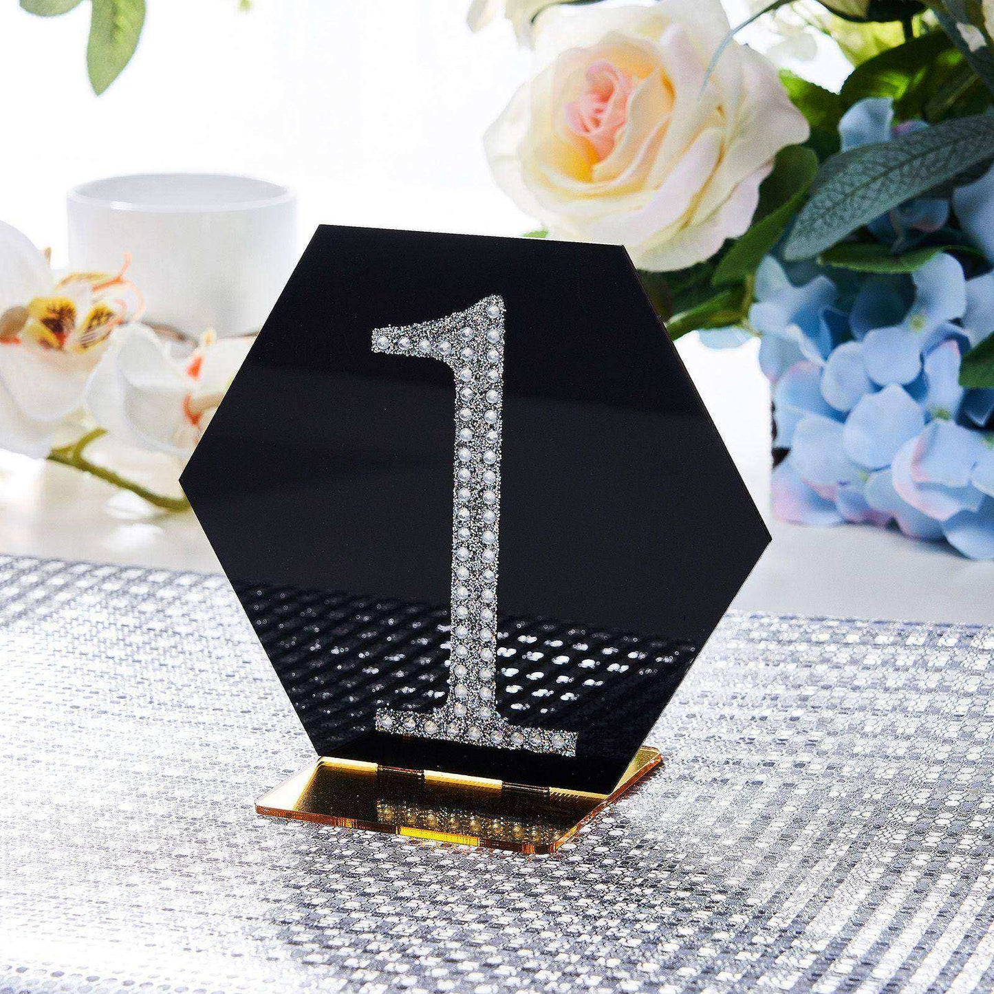 Silver decorative rhinestone number sticker "1" on a black hexagon base.