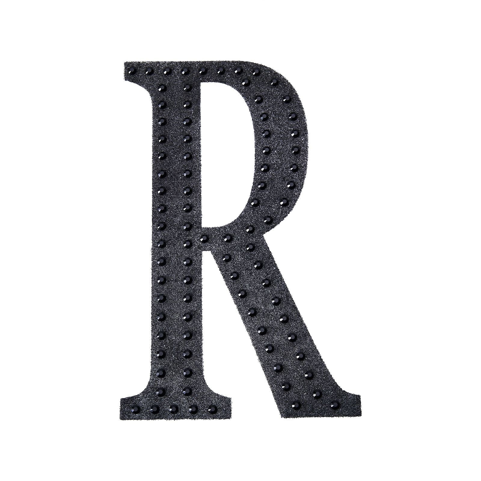 Black decorative rhinestone letter sticker "R" for DIY crafts.