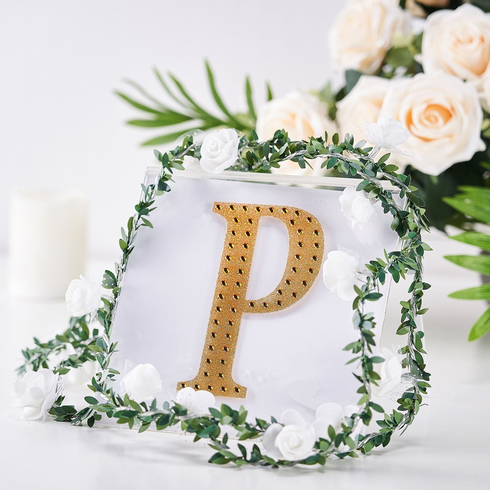 Gold rhinestone letter "P" decorative sticker for DIY crafts.