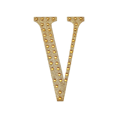 Gold decorative rhinestone letter sticker "V" for DIY crafts.