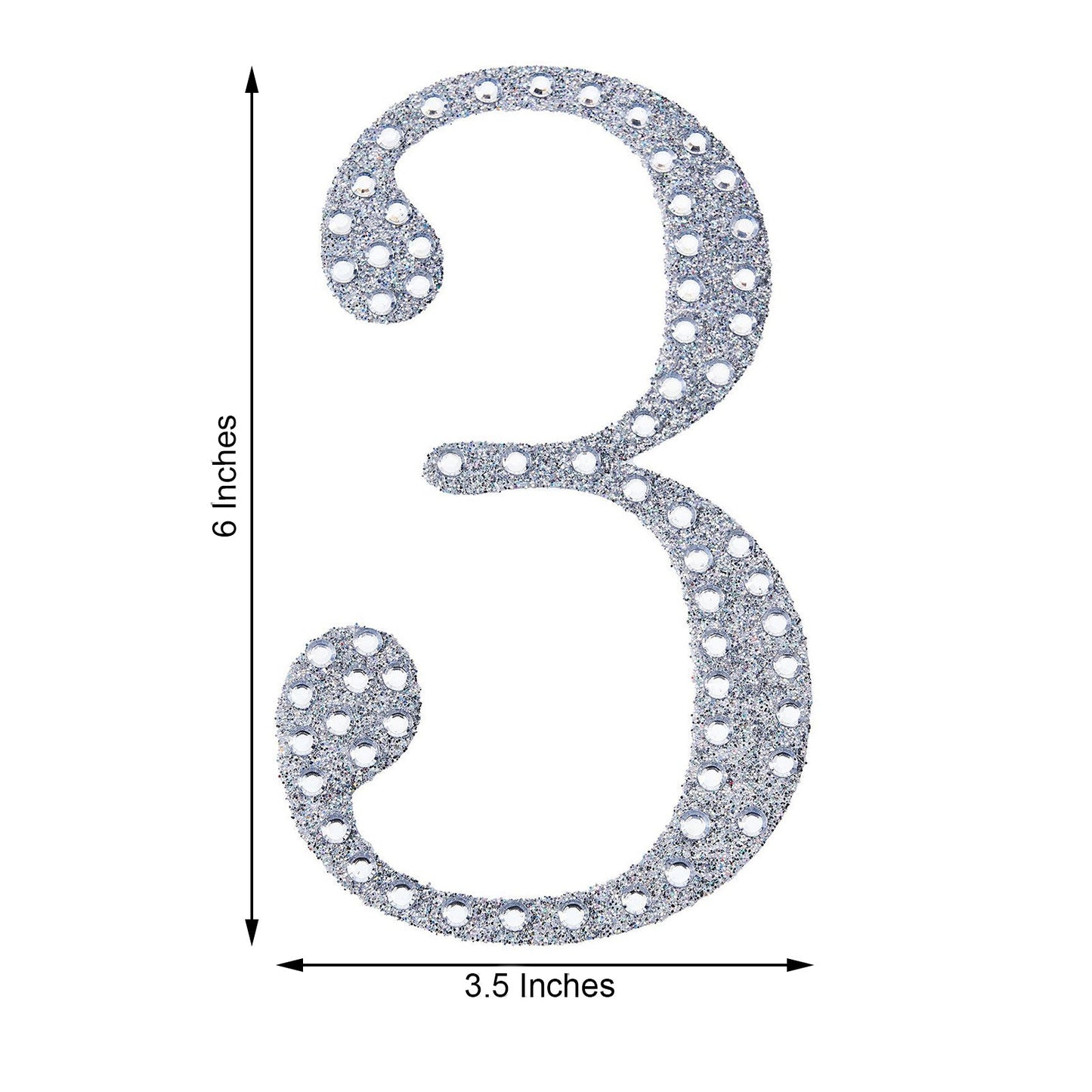 Decorative 6 Inch Silver Rhinestone Number 3 Stickers DIY Crafts 