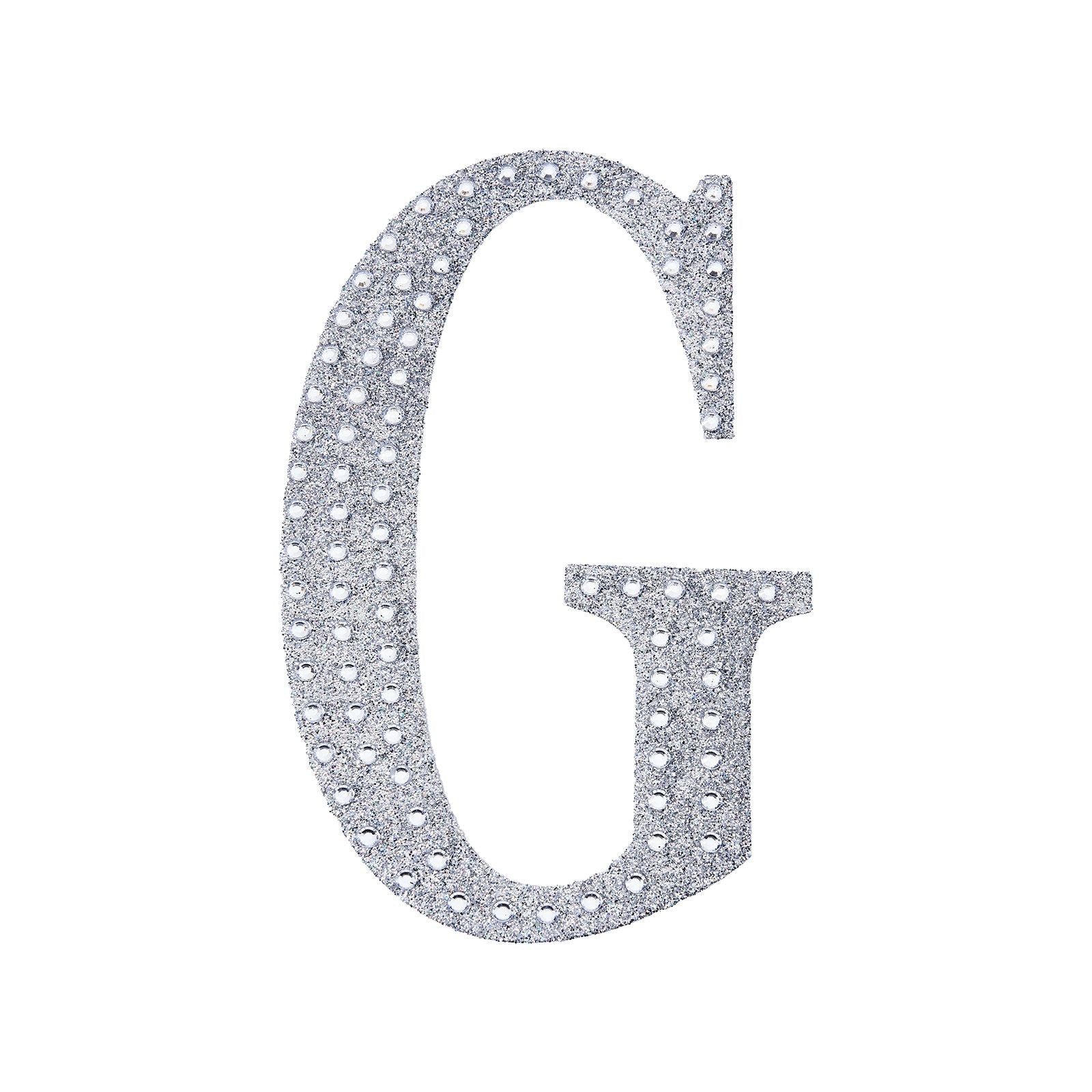 Silver decorative rhinestone letter sticker "G" for DIY crafts.