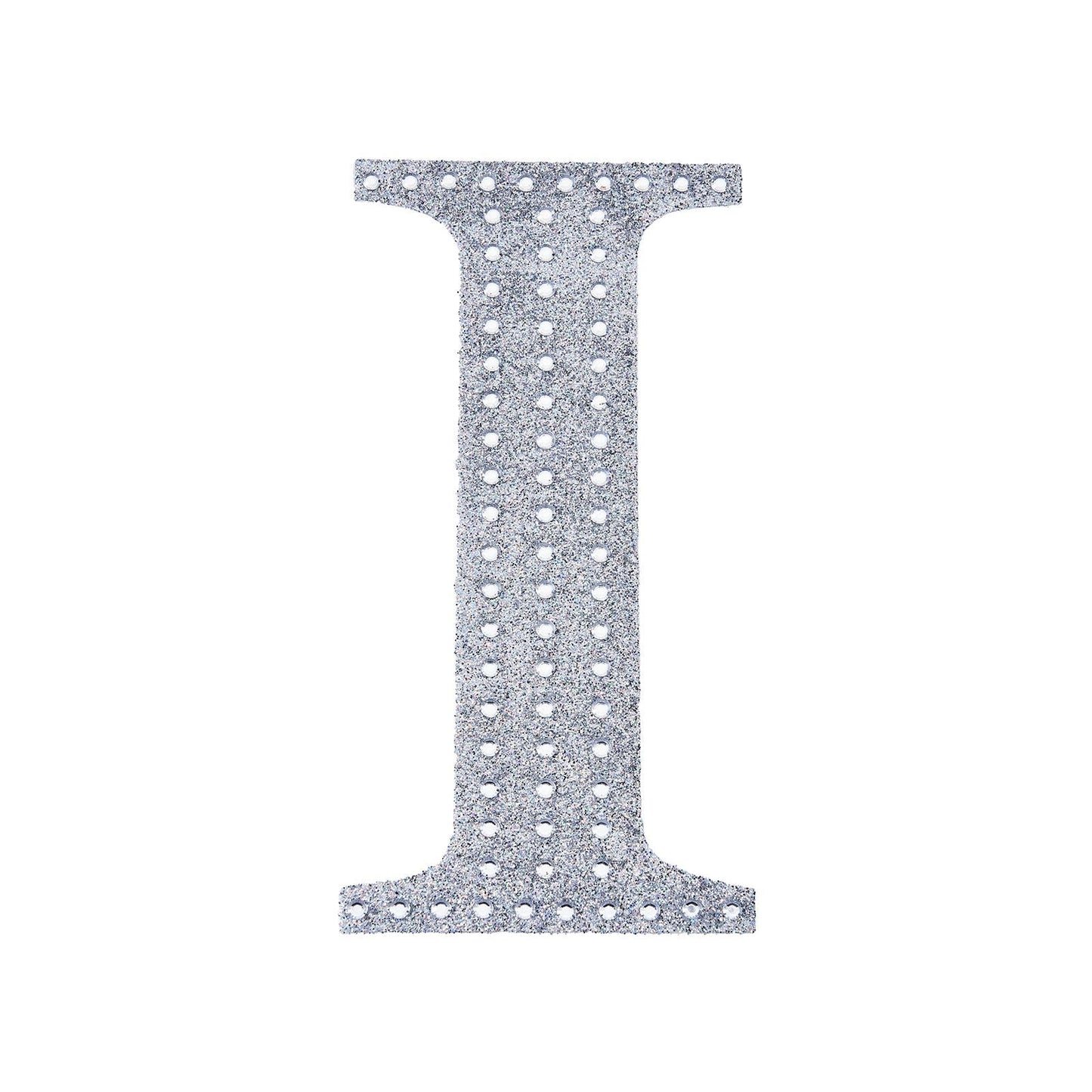 Silver decorative rhinestone letter sticker "I" for DIY crafts.
