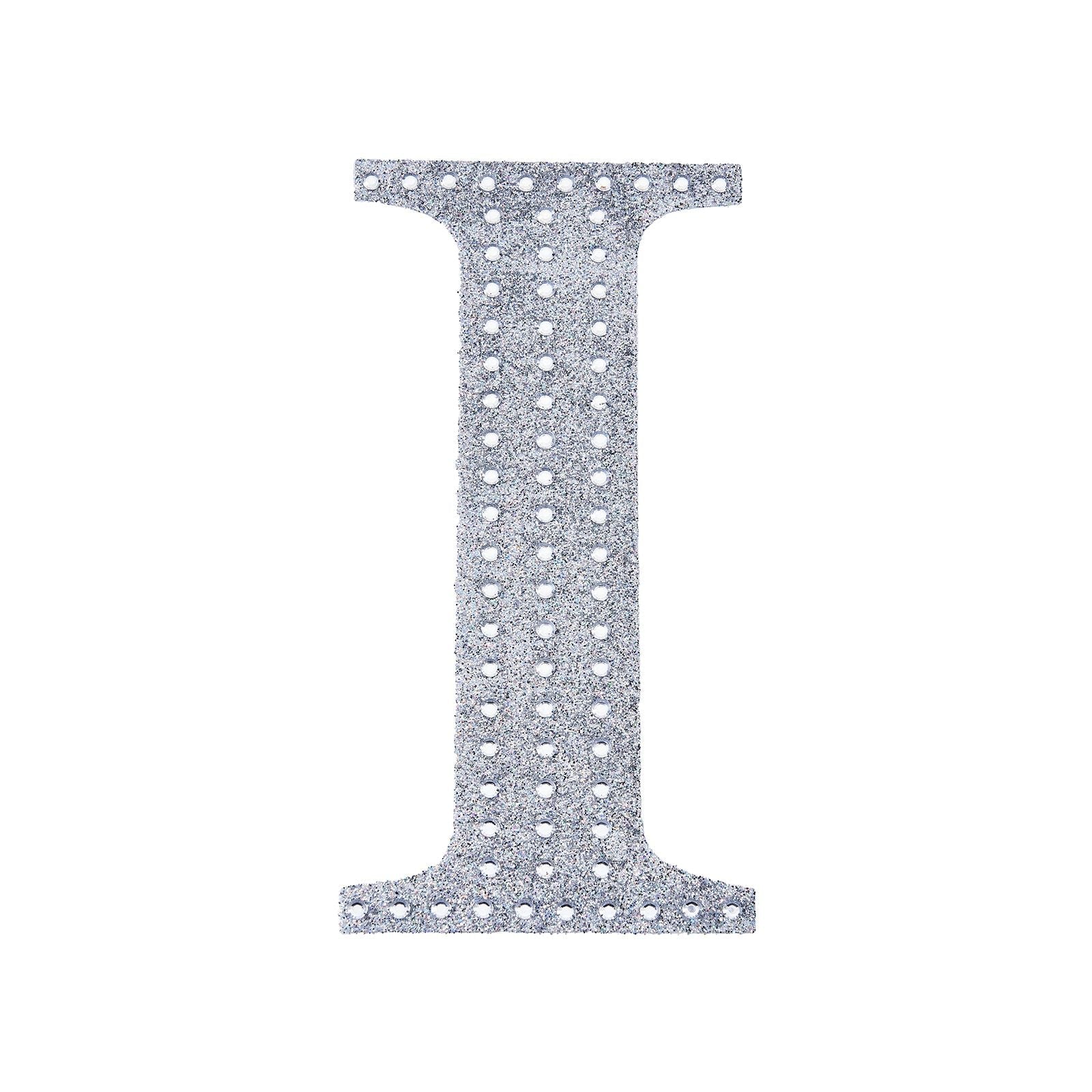 Silver decorative rhinestone letter sticker "I" for DIY crafts.