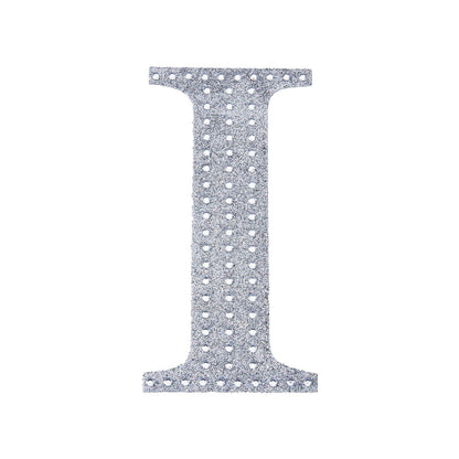 Silver decorative rhinestone letter sticker "I" for DIY crafts.